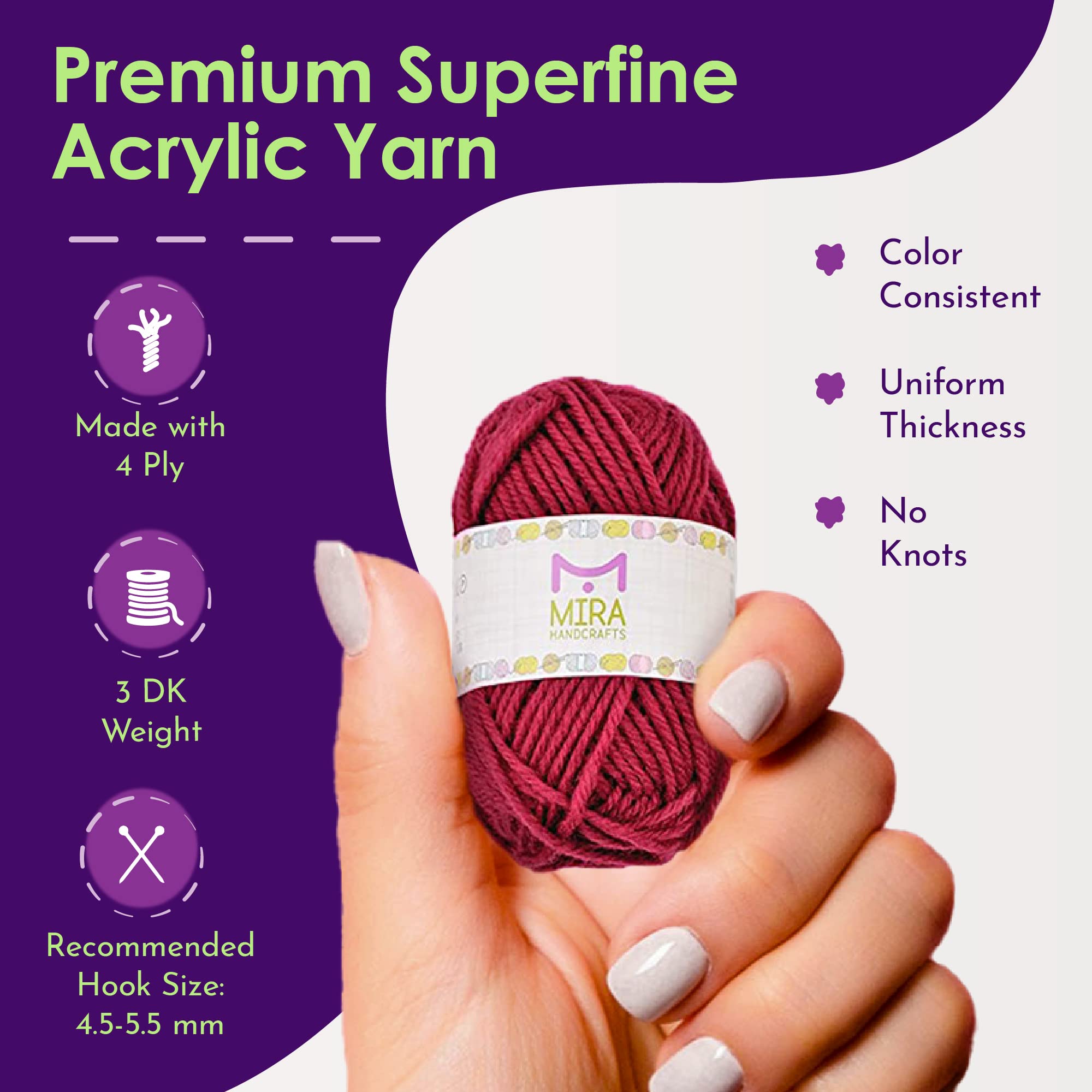 Mira HandCrafts yarn close-up showing smooth acrylic texture for easy stitching