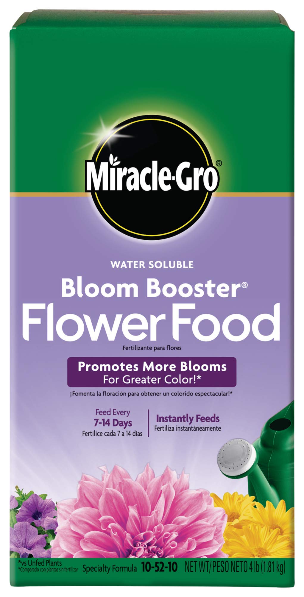 Miracle-Gro front packaging showing 4 lb bloom booster and benefit of more blooms