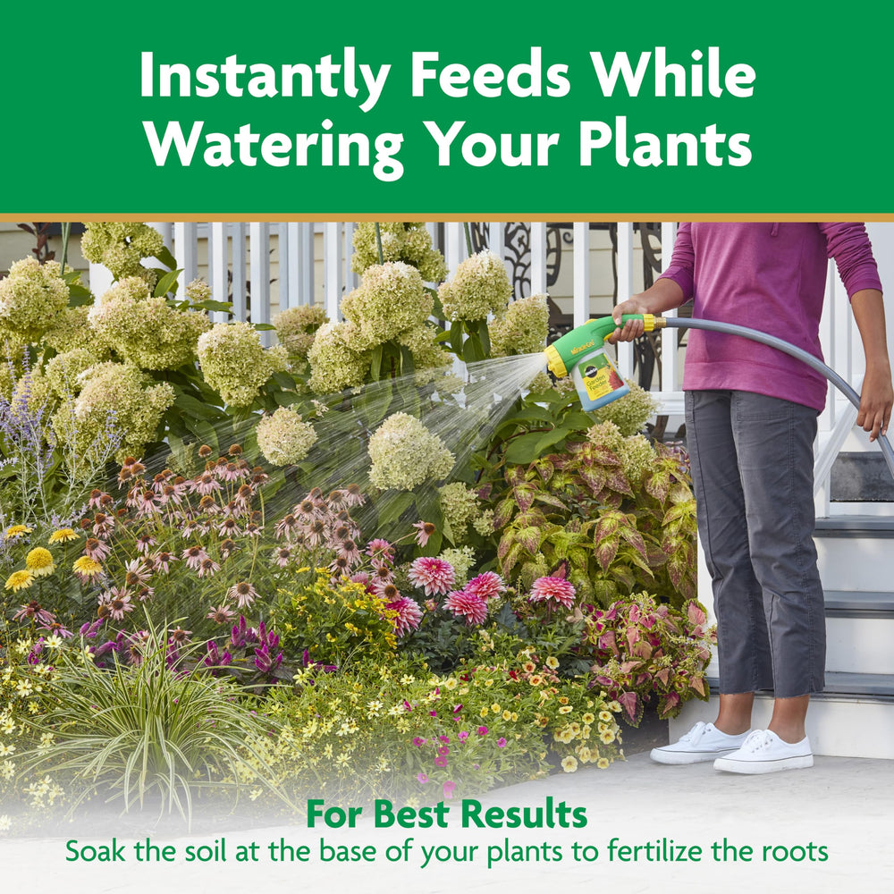 Gardener applying Miracle-Gro showing practical use and healthier blooms benefit