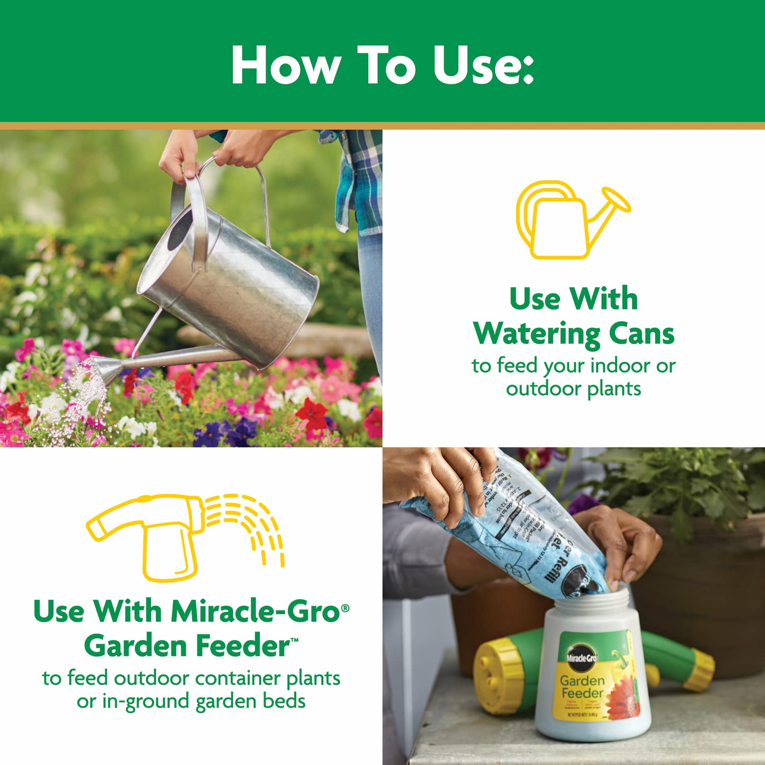 Miracle-Gro mixed in watering can showing fast-mixing convenience