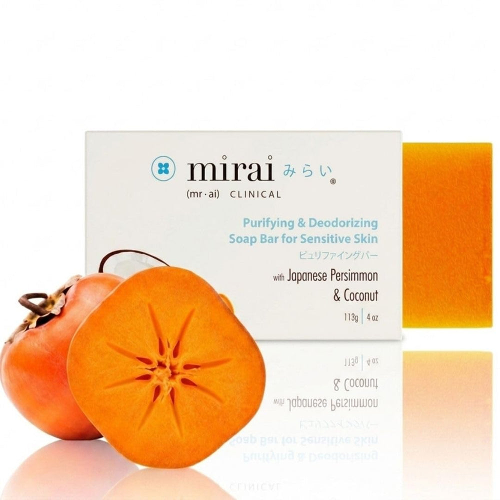 Mirai persimmon soap front packaging shows product and benefits