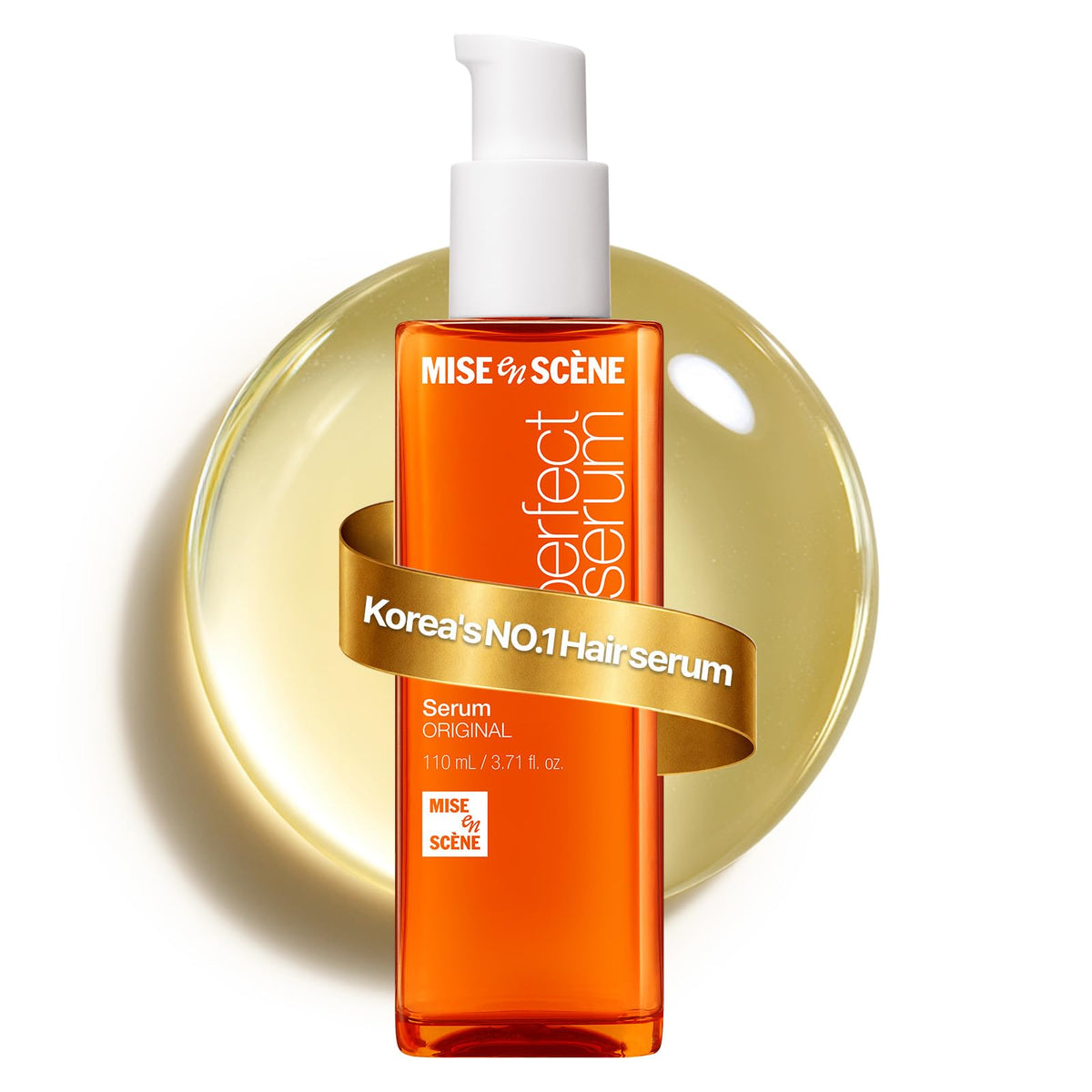Mise En Scene front bottle shot showing packaging and serum shine benefit