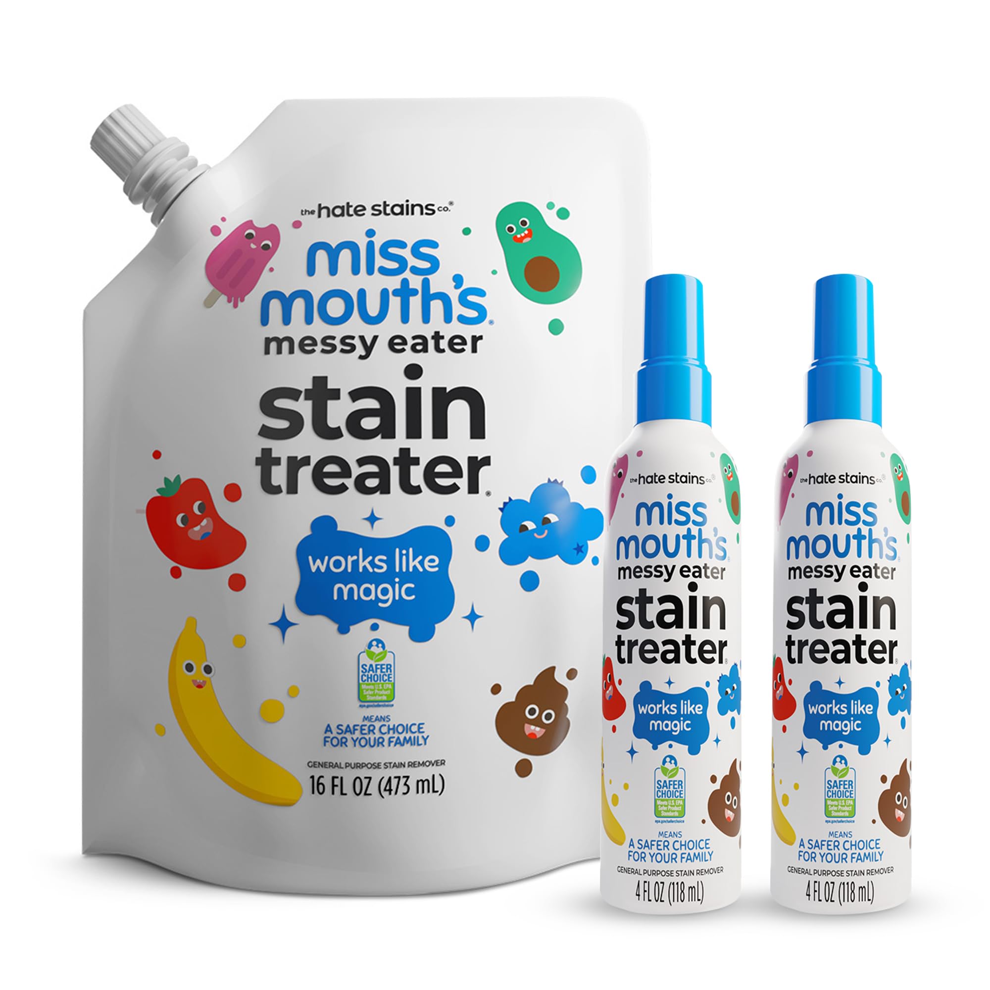 Miss Mouth's front packaging kit showing two sprays and refill for fast stain treatment