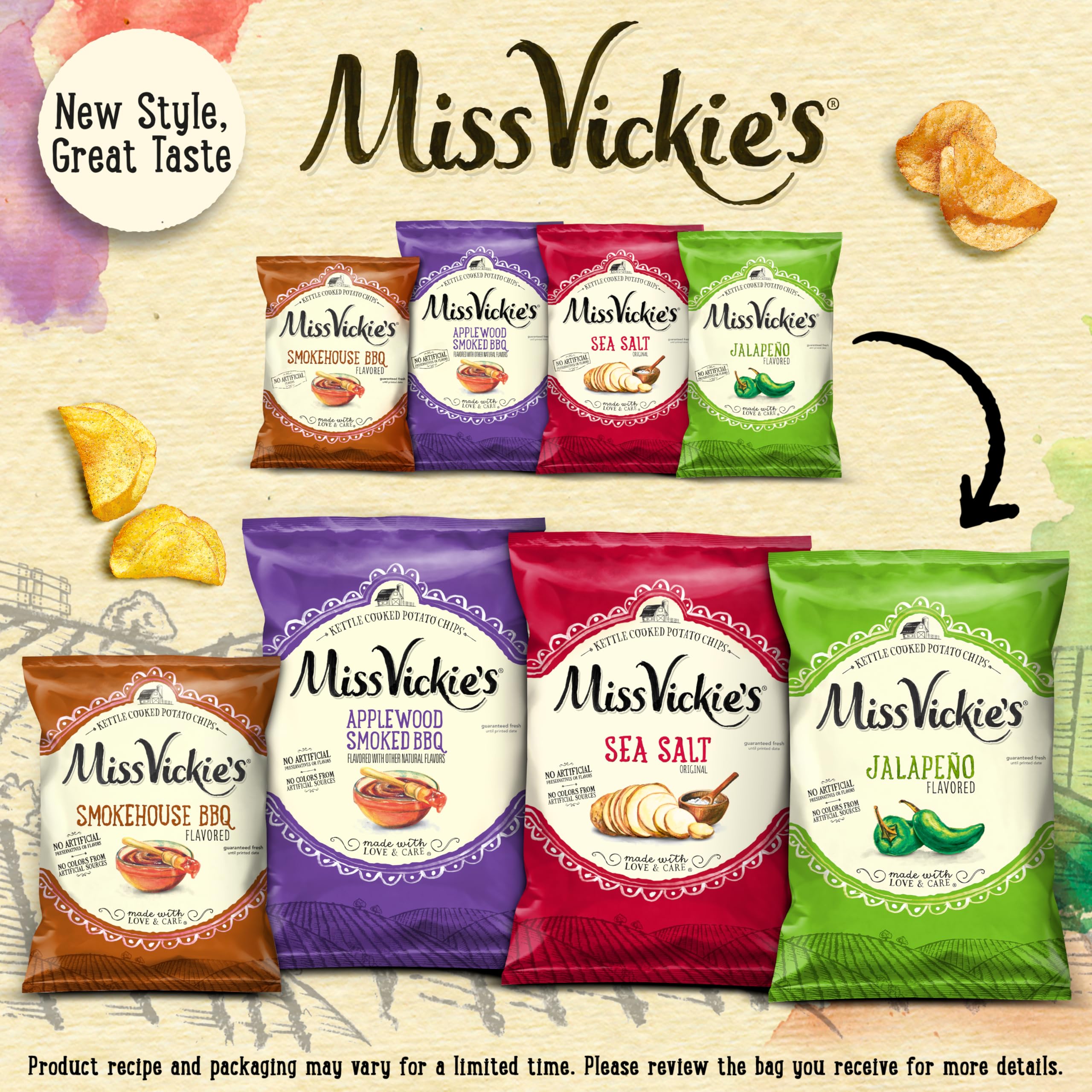Miss Vickie's pile of chips on table showcasing shareable snack appeal