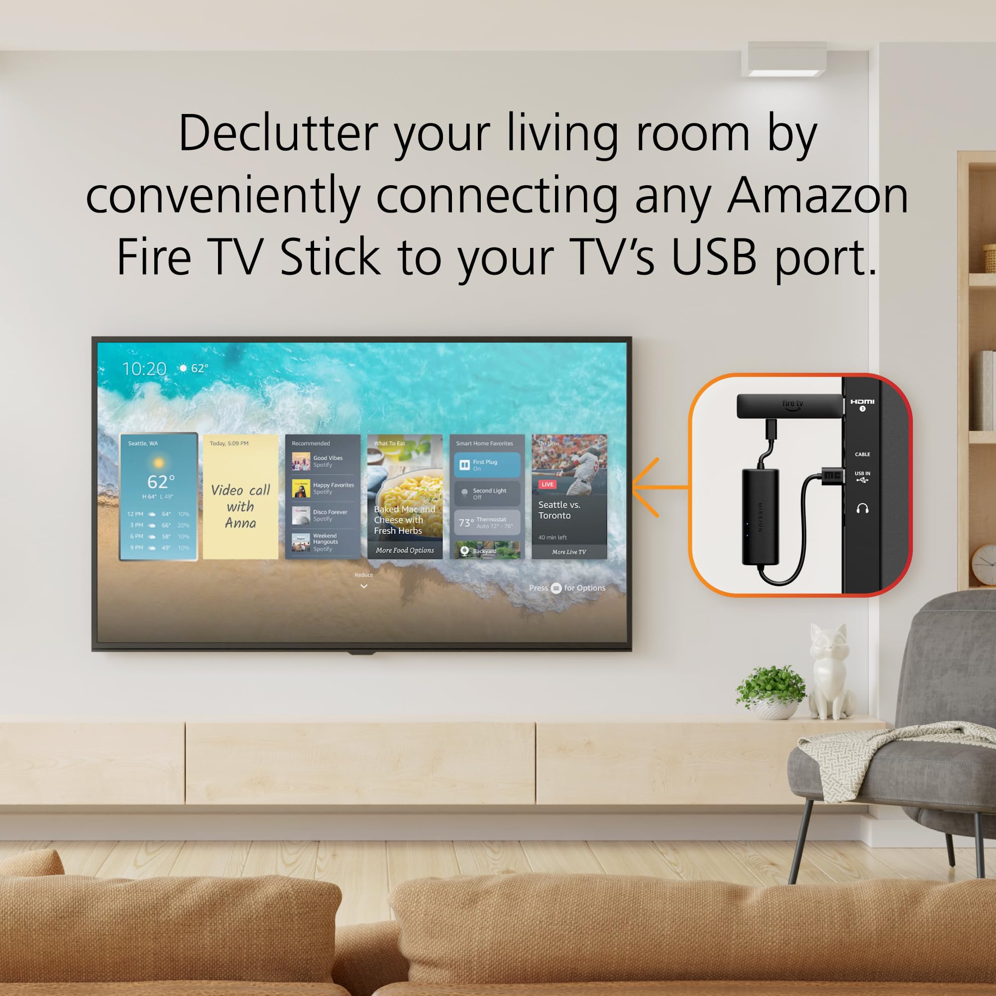 Mission Cables plugged into a TV USB port enabling adapter-free power