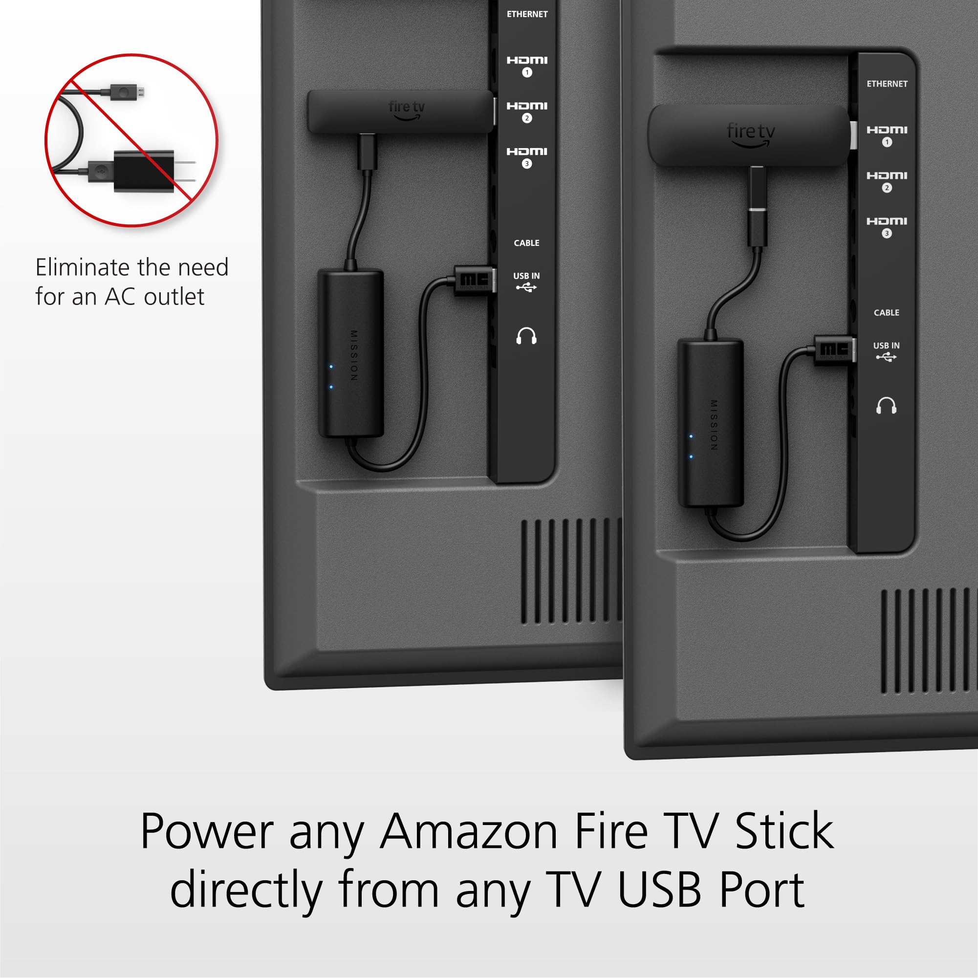 Mission Cables powering a Fire TV Stick for clutter-free streaming