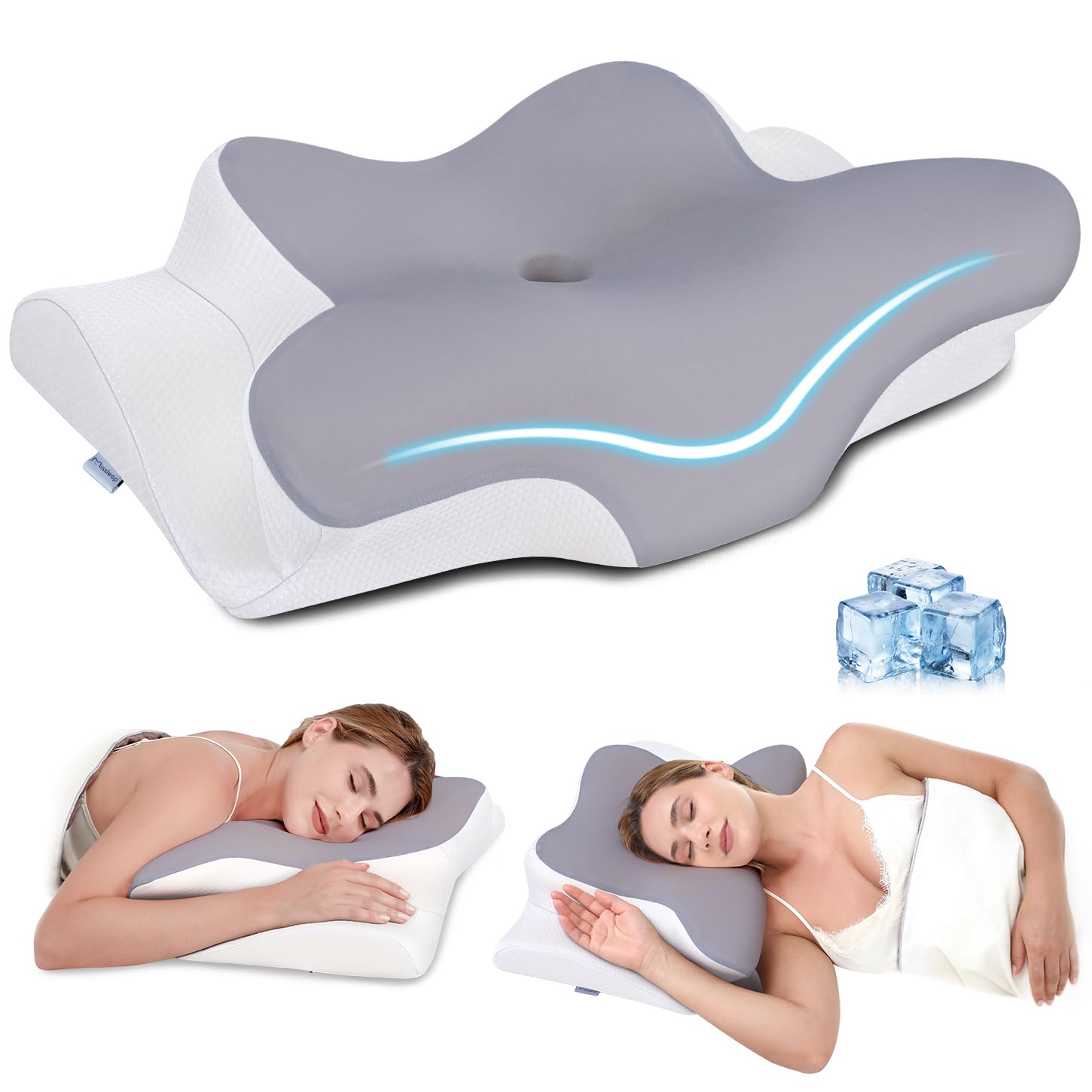 Missleep front view of ergonomic pillow showing contour and support benefits