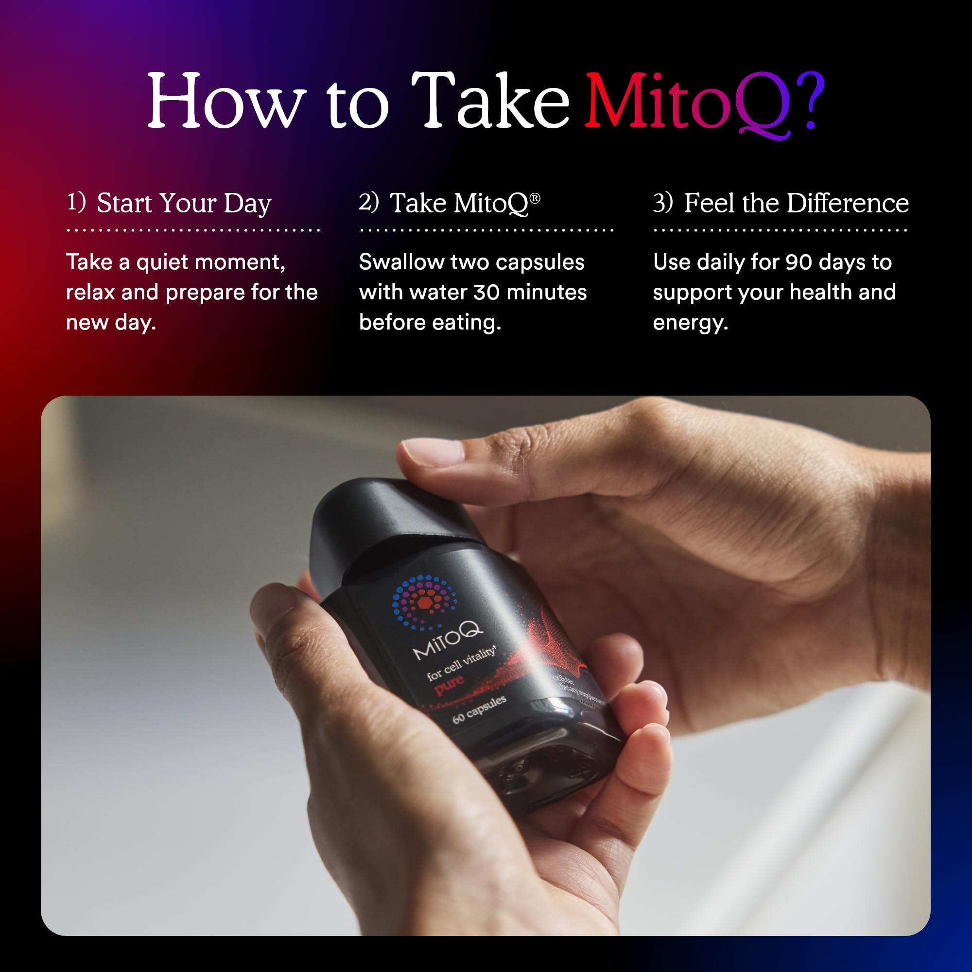 MitoQ bottle beside running shoes suggesting energy support for active lifestyles