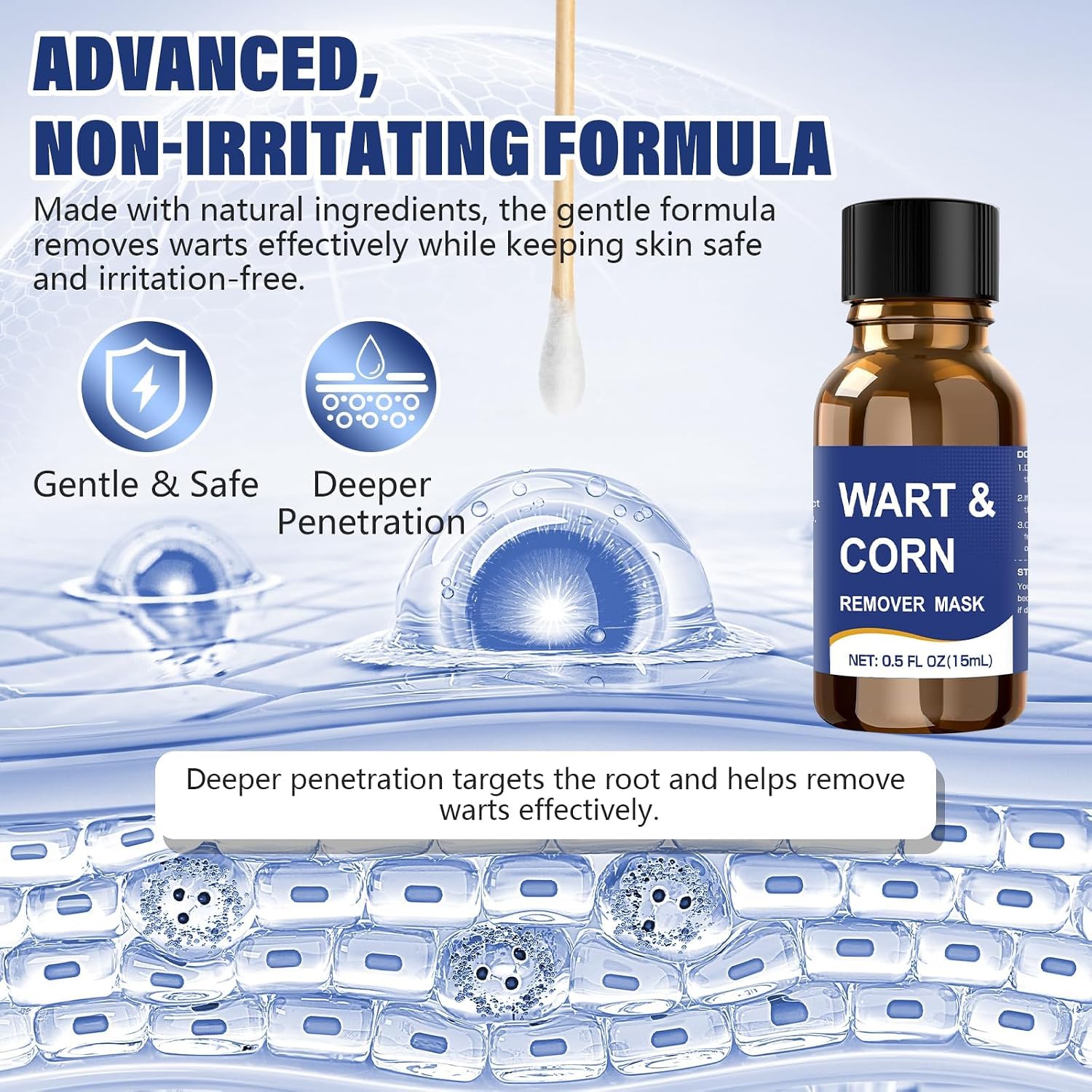 Mitreal being applied to a plantar wart on foot demonstrating targeted at-home use