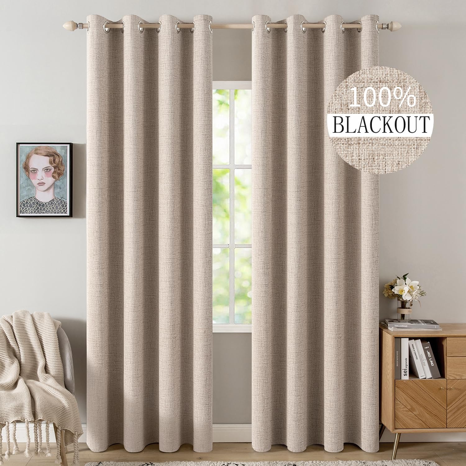 MIULEE front view of natural beige blackout panels showing full coverage and neutral style