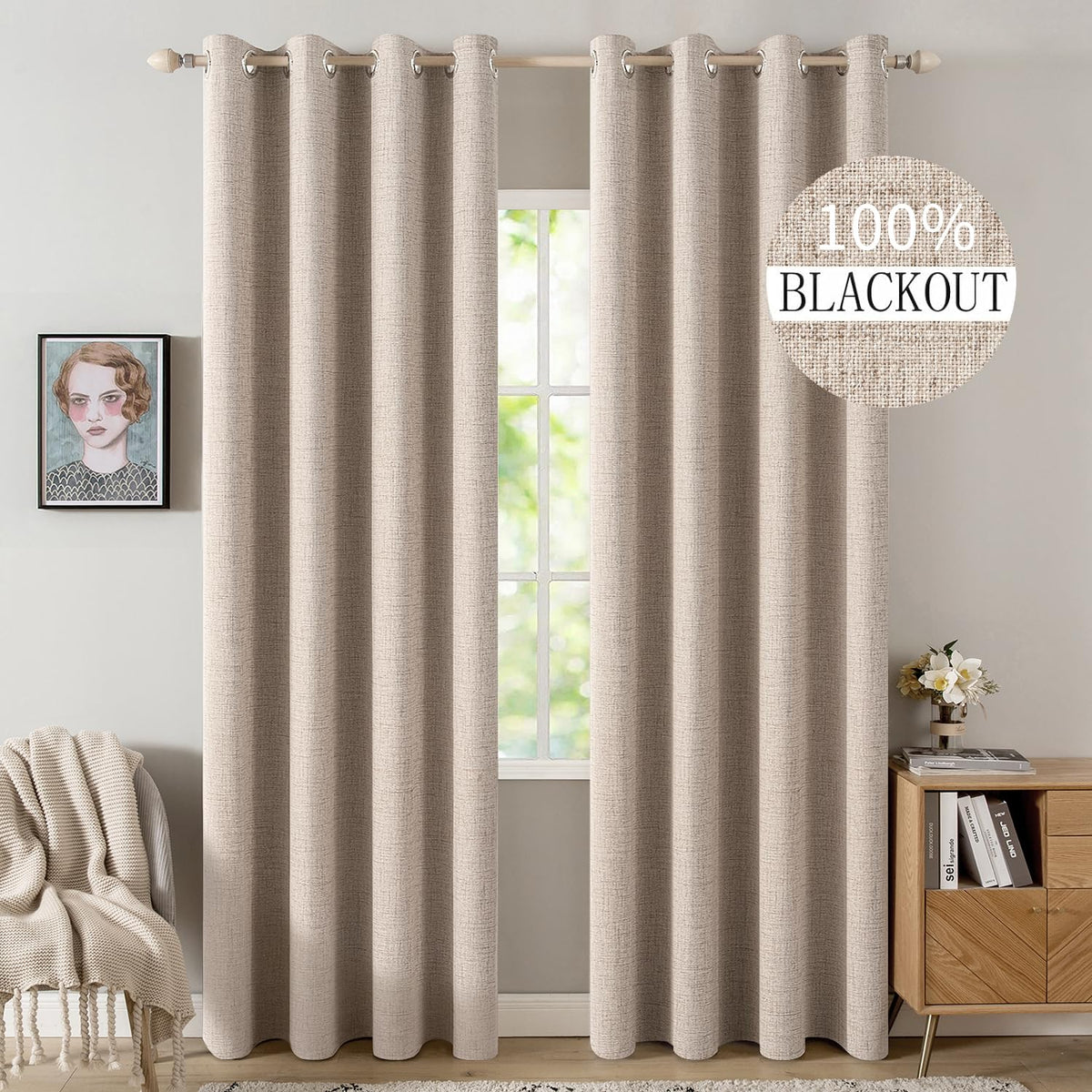 MIULEE front view of natural beige blackout panels showing full coverage and neutral style
