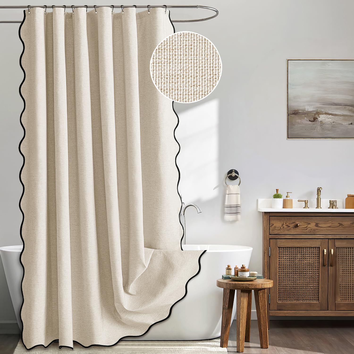 MIULEE front view cream beige curtain showing full panel and scalloped hem for elegant coverage