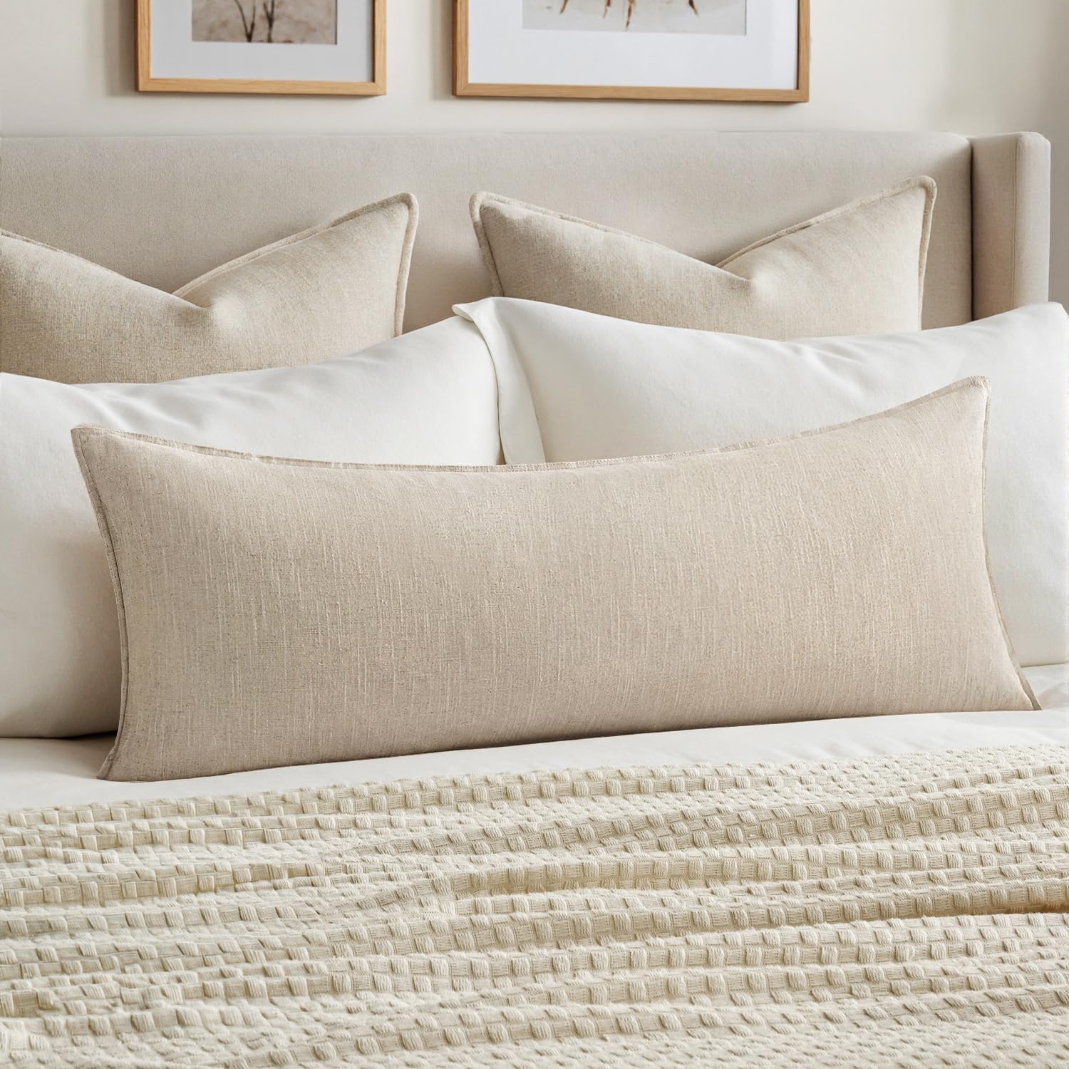 MIULEE front view of linen lumbar cover showing neutral beige and shape benefit: versatile styling