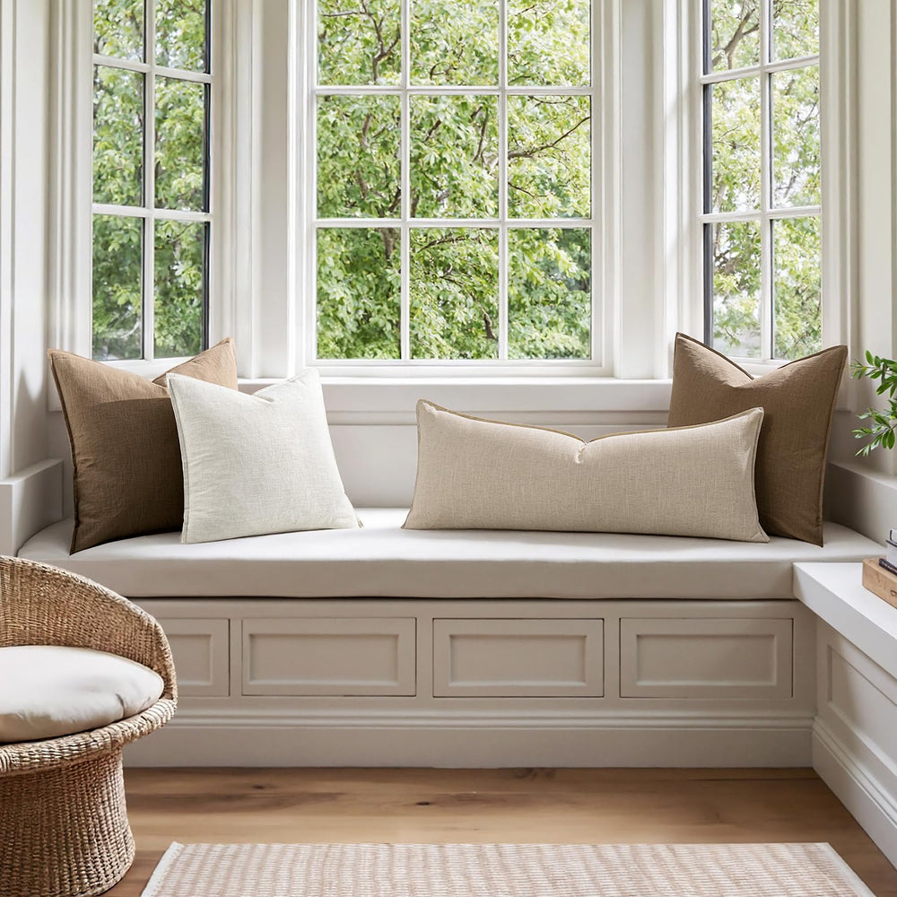 MIULEE lumbar cover styled on sofa showing neutral coordination and layered decor benefit