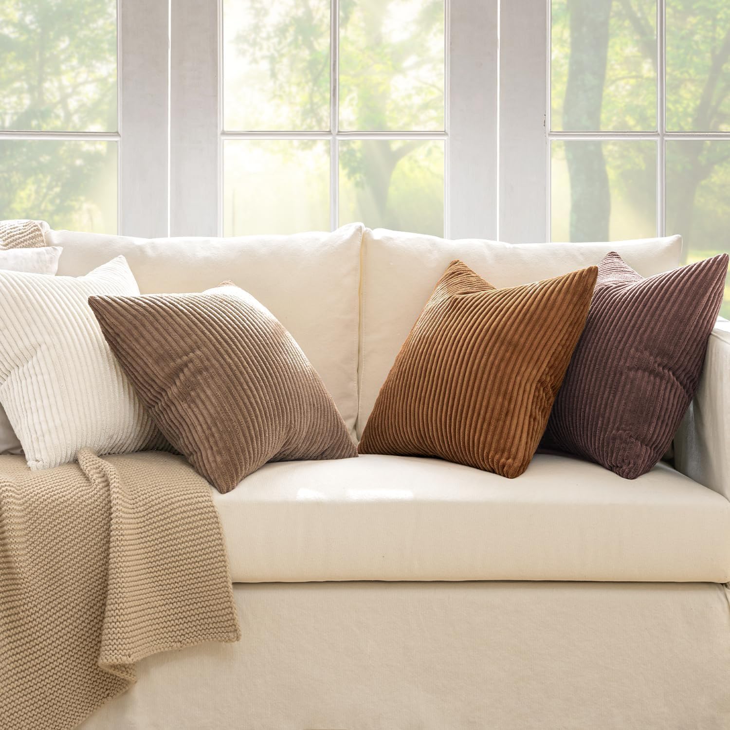 MIULEE set on bed illustrating neutral brown pairing and calming decor