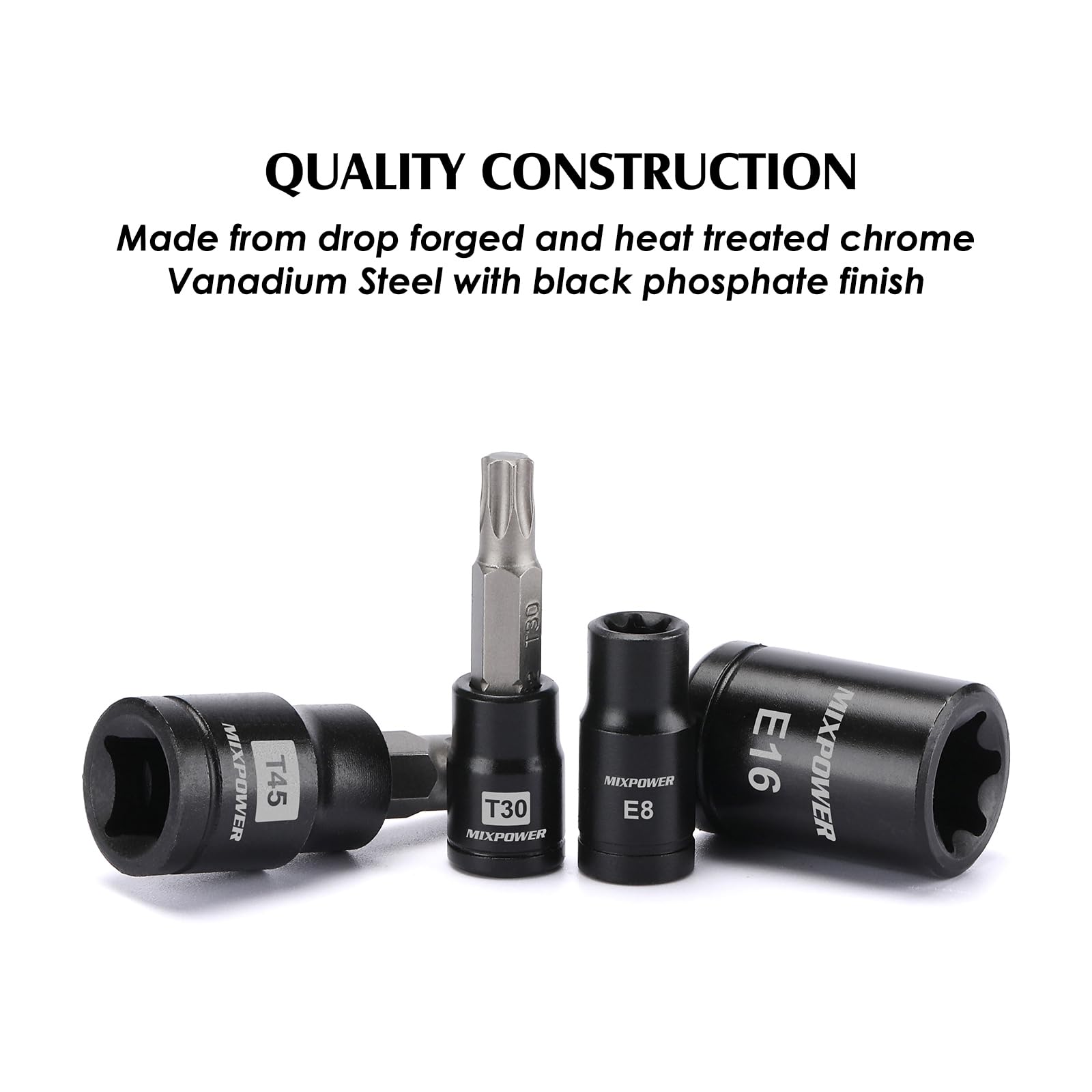 MIXPOWER row of E-Torx sockets displaying sizes and corrosion resistant finish for durability