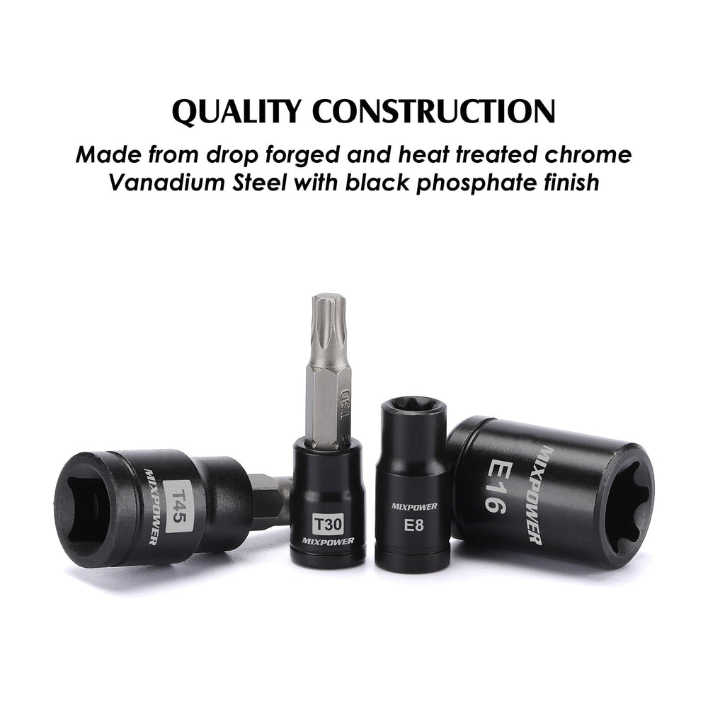 MIXPOWER row of E-Torx sockets displaying sizes and corrosion resistant finish for durability