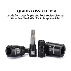 MIXPOWER row of E-Torx sockets displaying sizes and corrosion resistant finish for durability