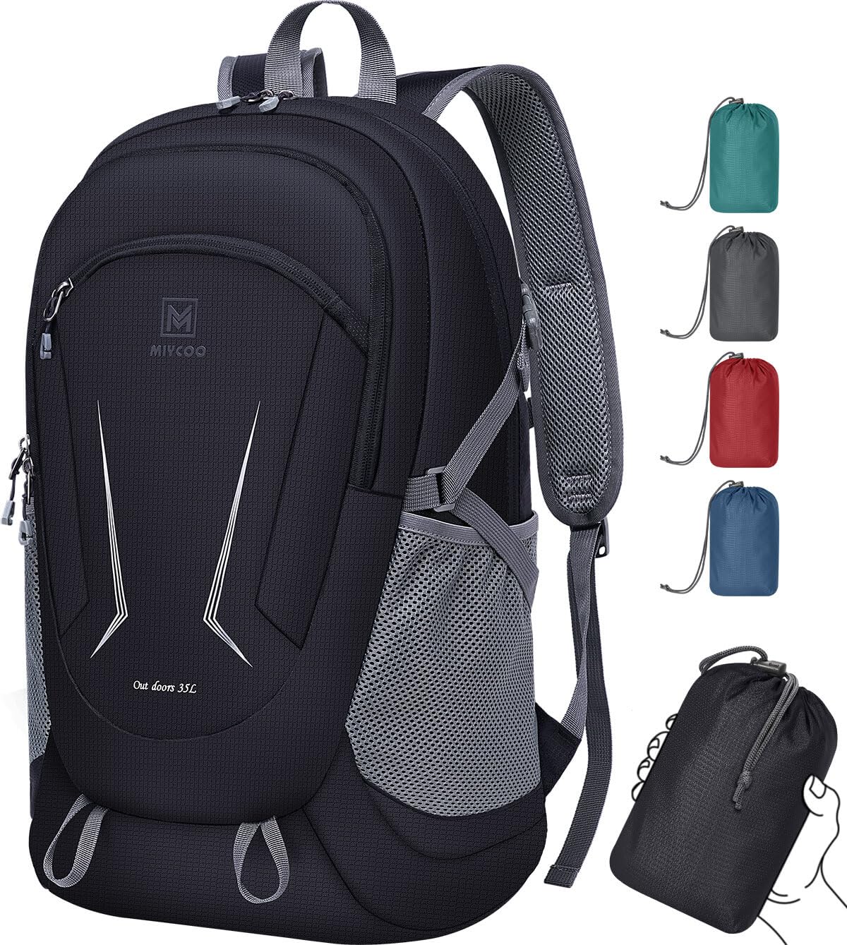 MIYCOO front view of backpack showing pockets and zippers for organized travel