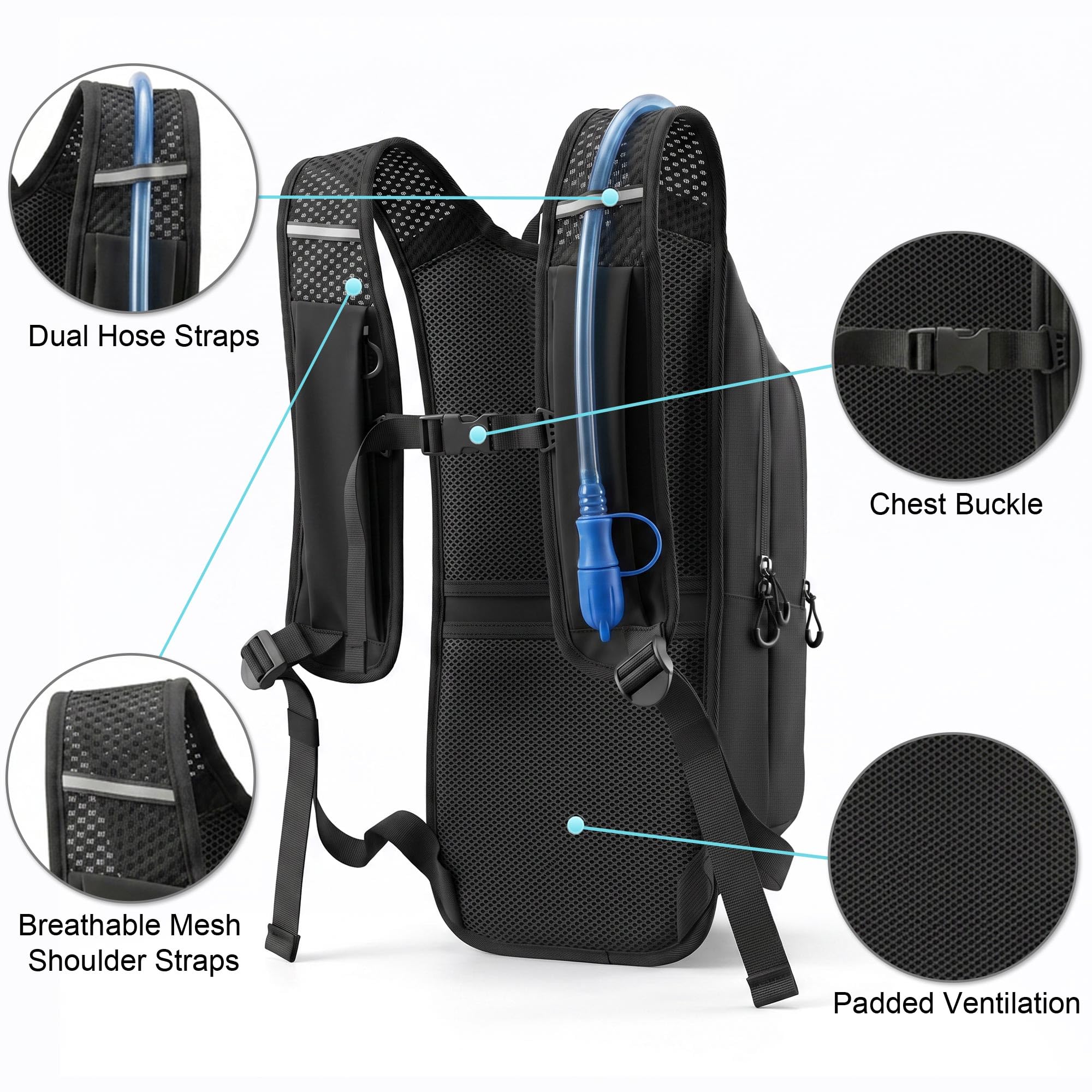 MIYCOO main compartment with bladder, towel and snacks demonstrating capacity