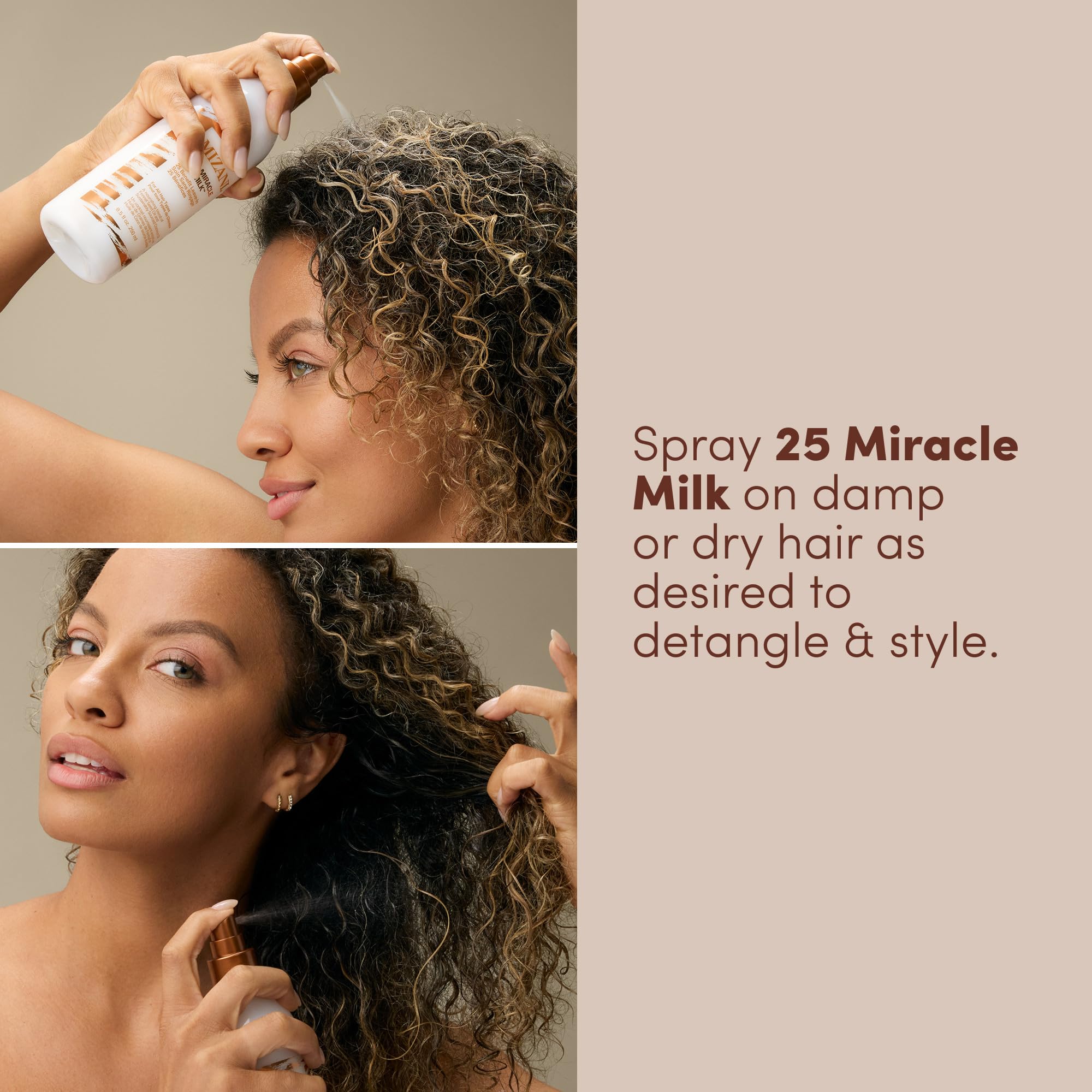 Mizani being applied to damp hair demonstrating detangling benefit