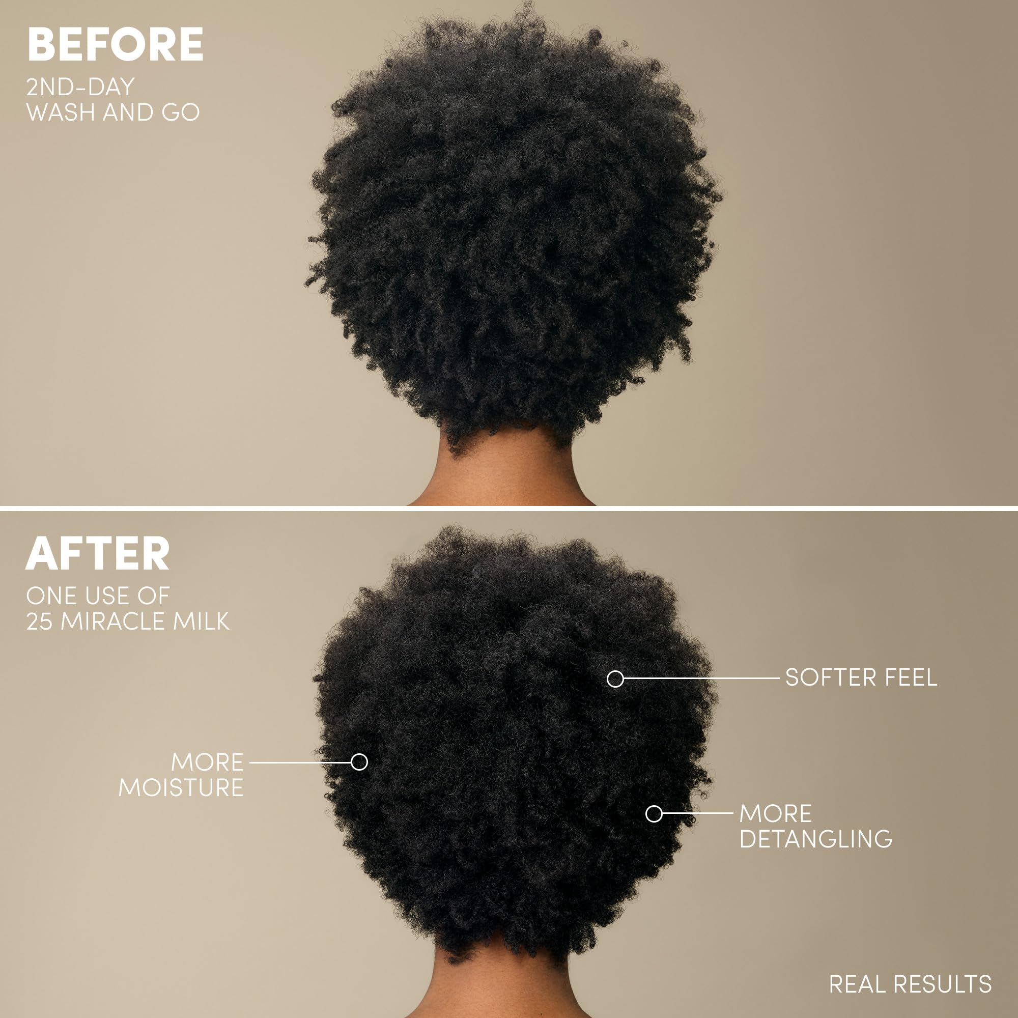 Mizani before and after curls split showing reduced frizz benefit
