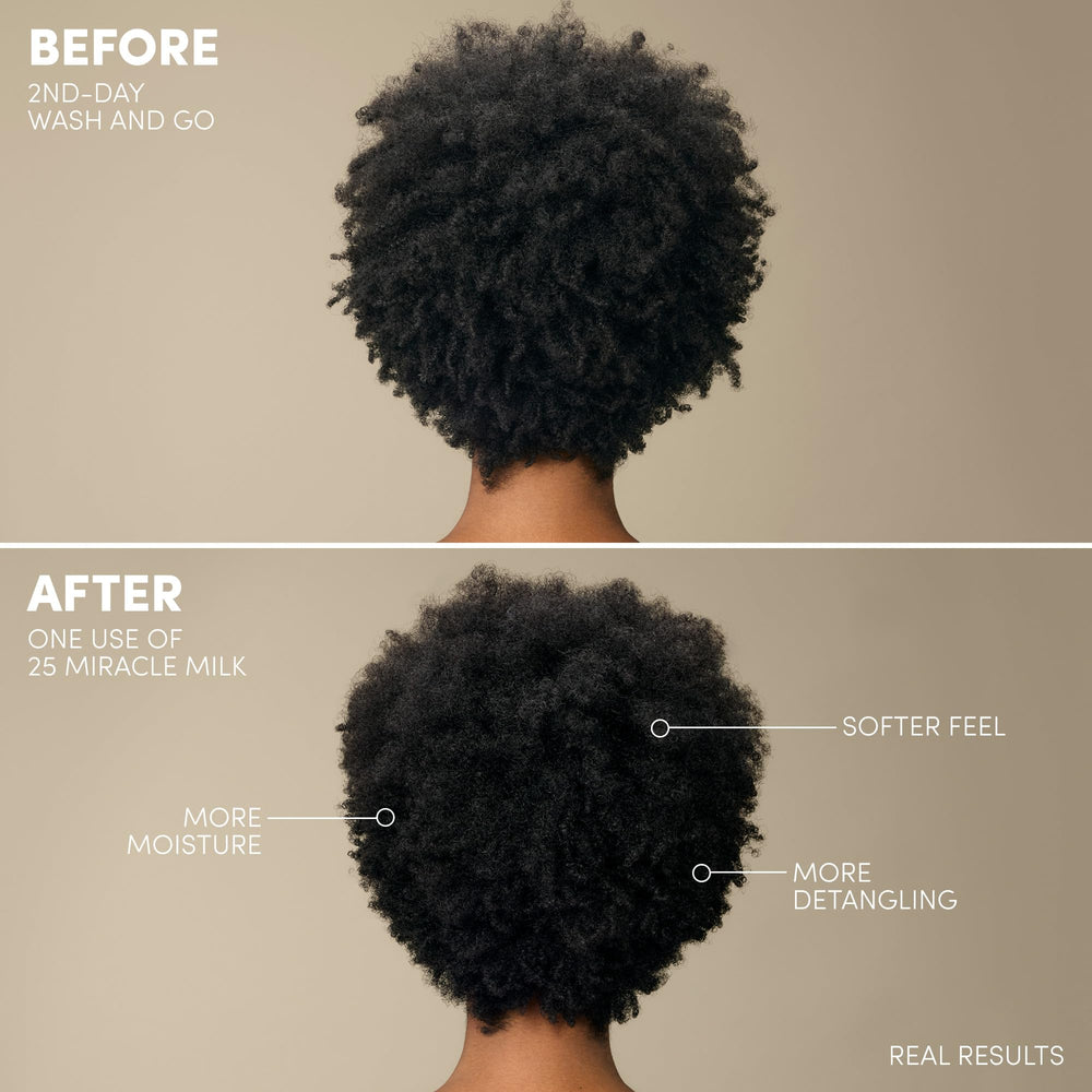 Mizani before and after curls split showing reduced frizz benefit