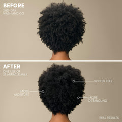 Mizani before and after curls split showing reduced frizz benefit