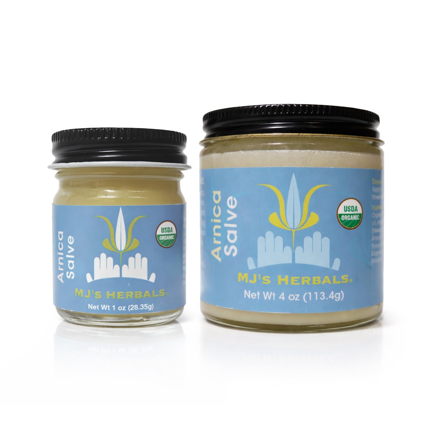 MJ's Herbals salve in hand showing 1 oz scale for portable convenience