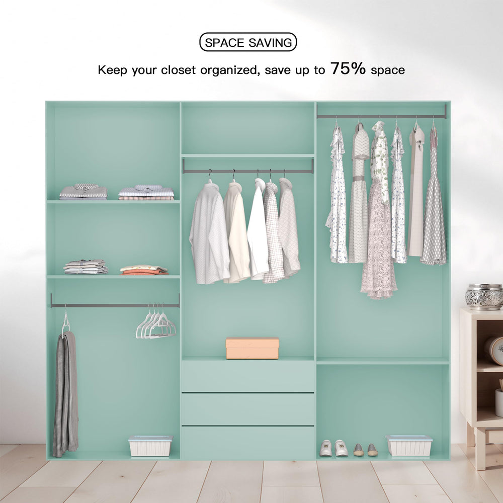 MLKJHHI closet filled with hangers to illustrate space-saving advantage