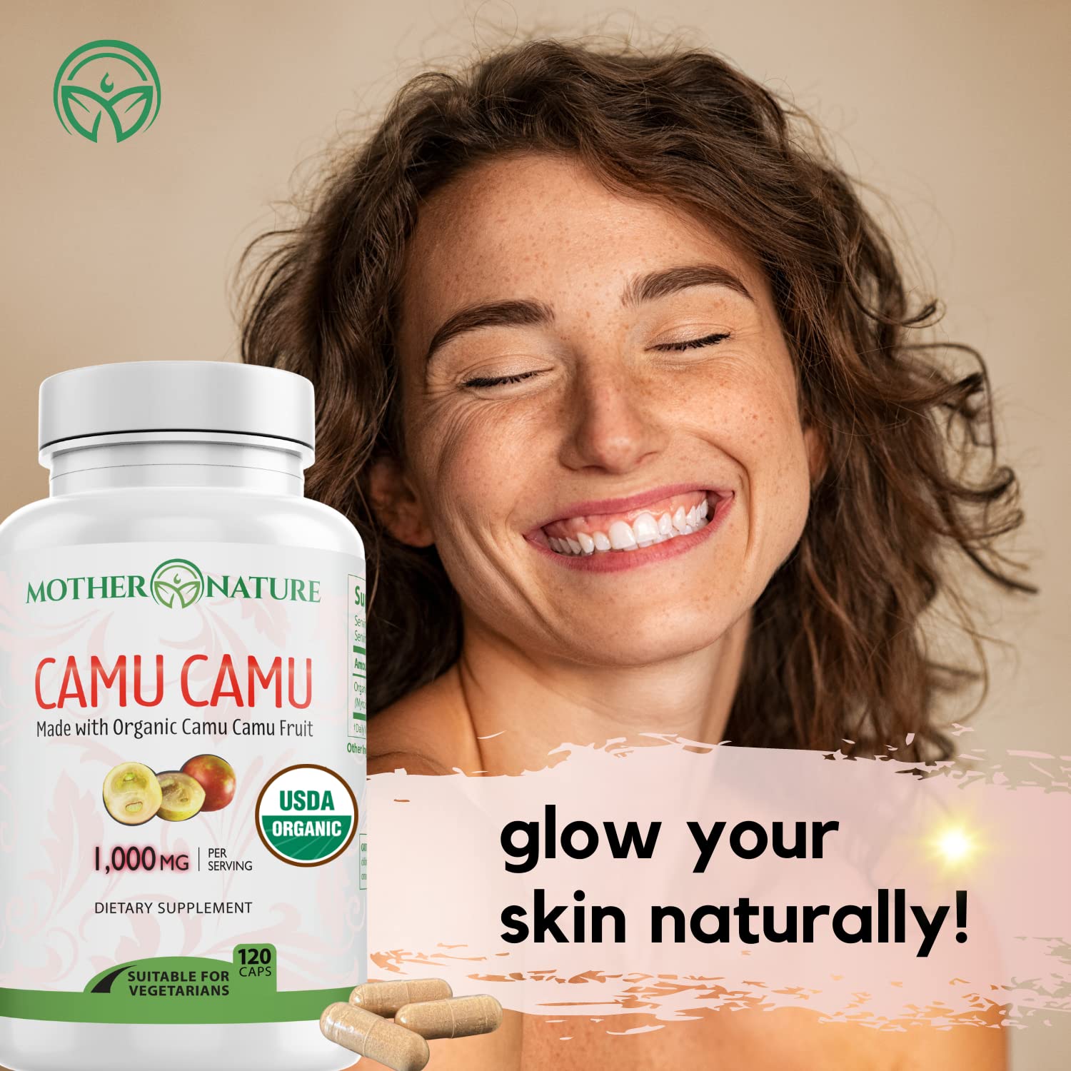 Mother Nature Organics capsules in hand showing actual serving size and scale