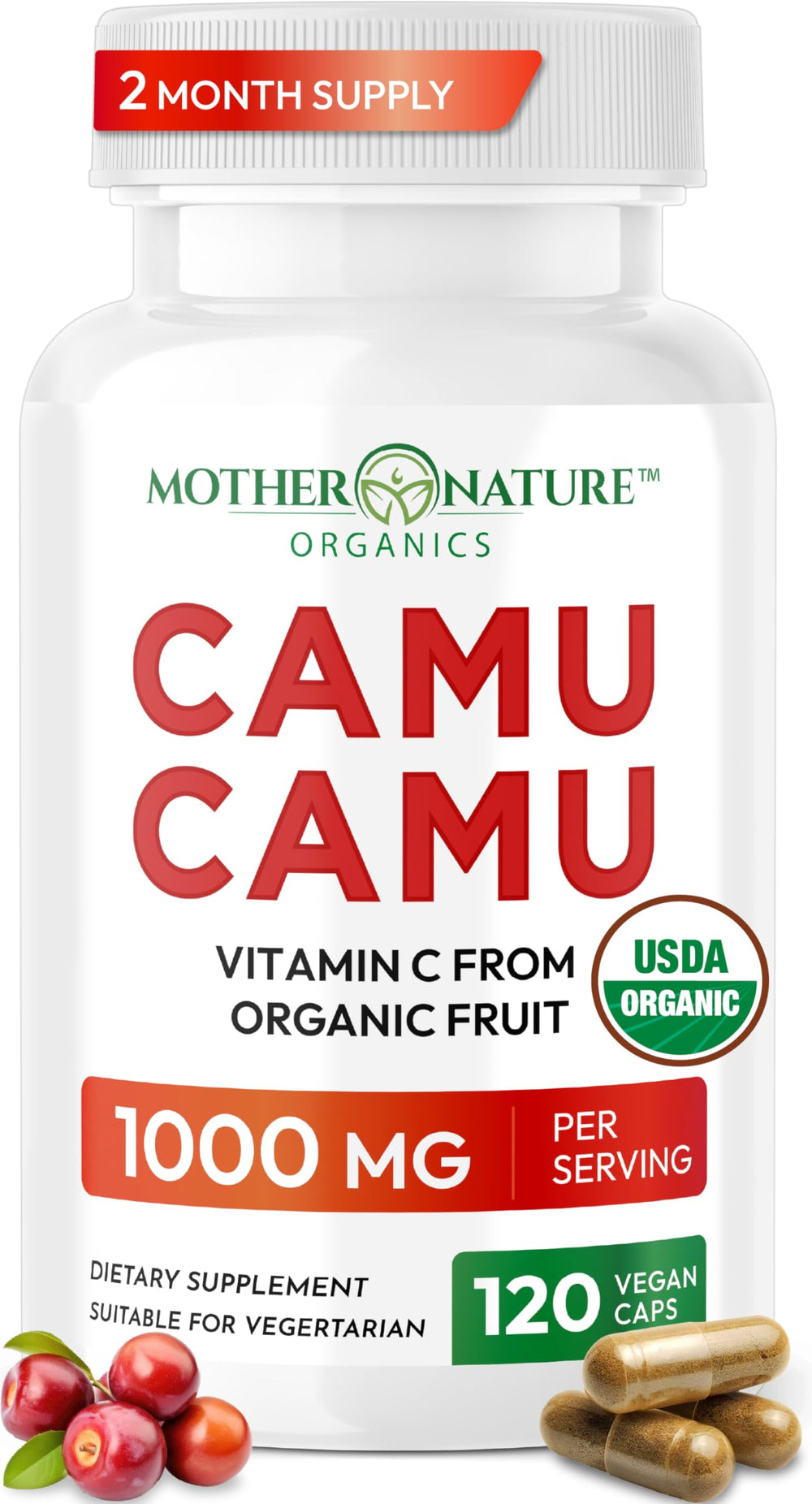 Mother Nature Organics front packaging showing organic camu camu capsules and benefits
