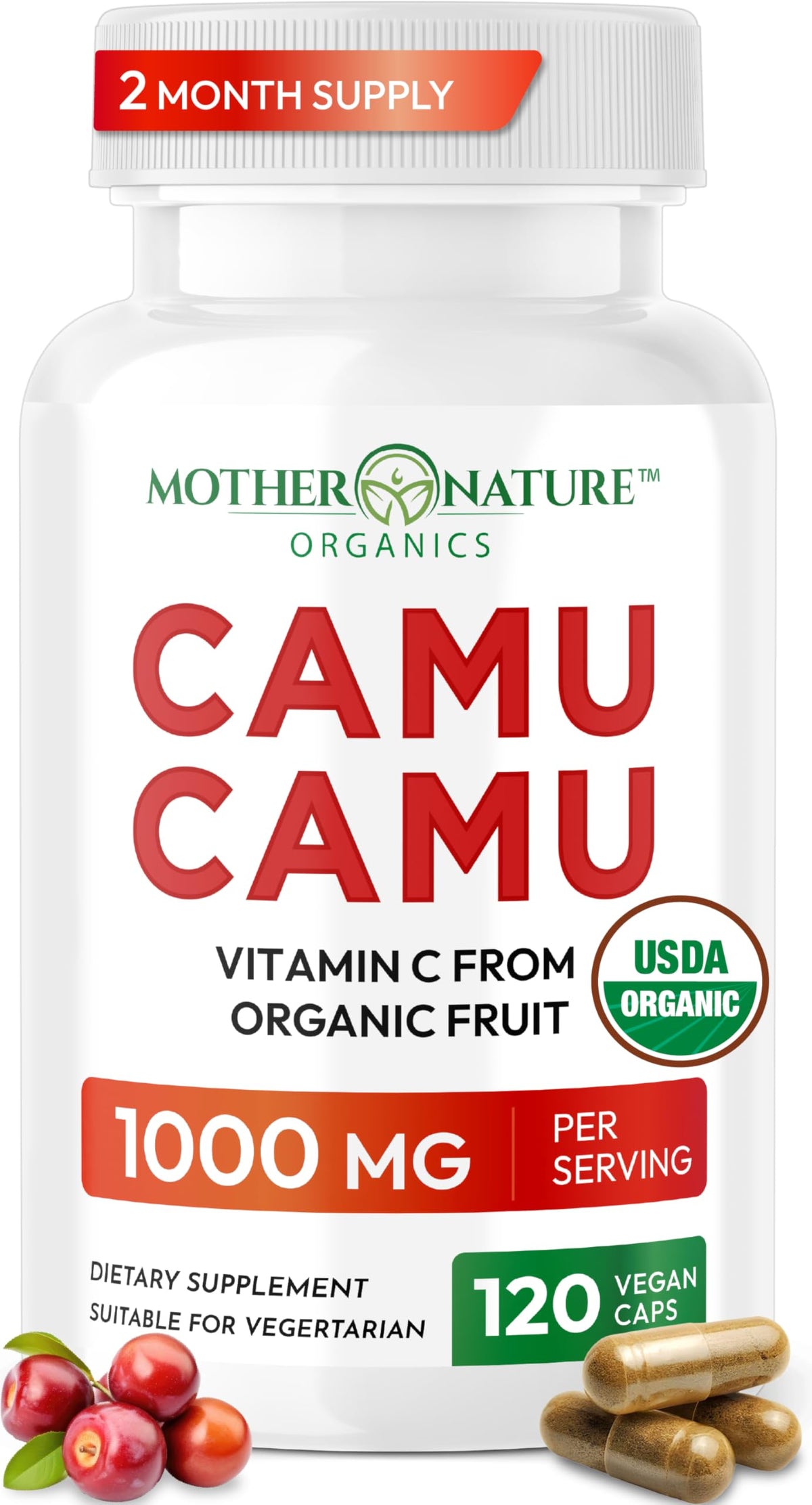 Mother Nature Organics front packaging showing organic camu camu capsules and benefits