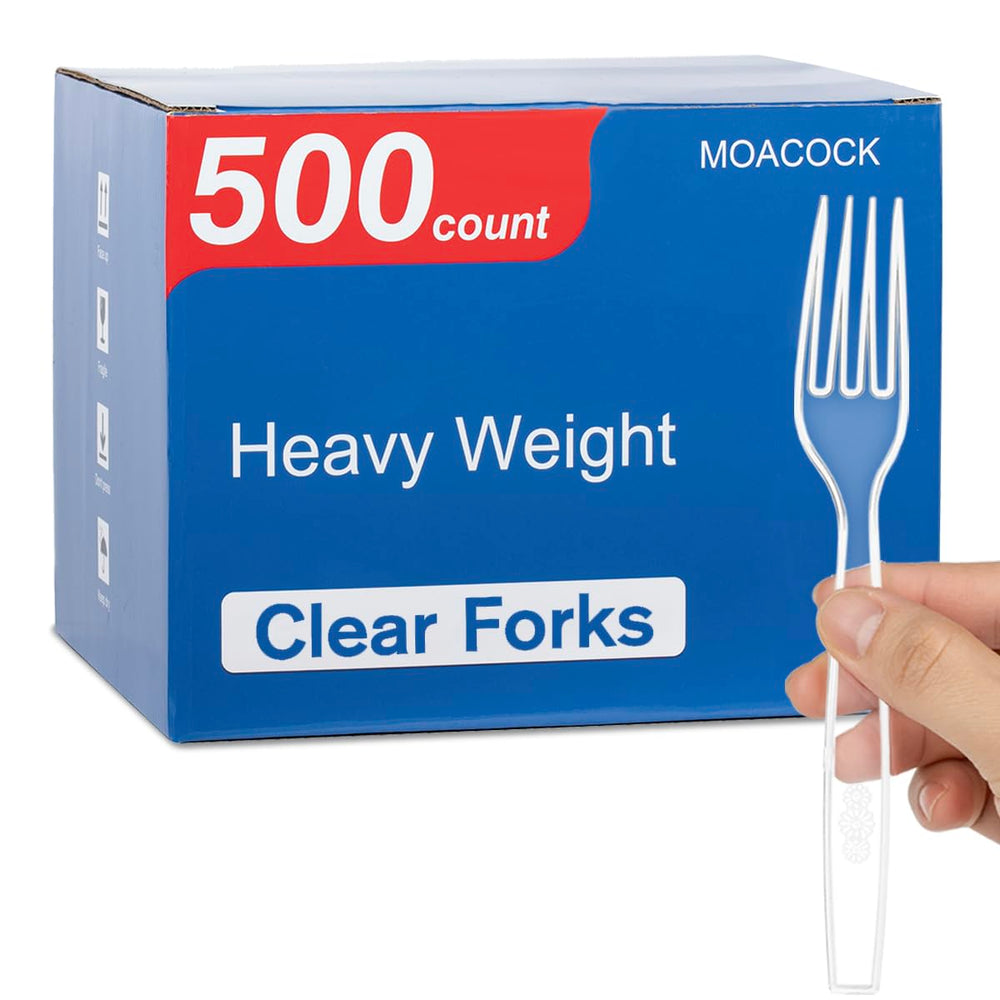 MOACOCK front packaging showing 500-count clear forks and value