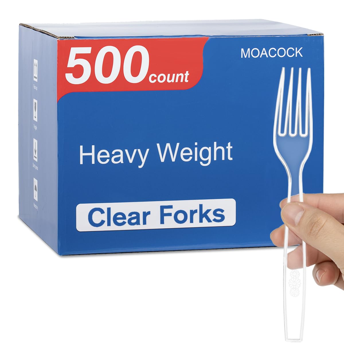 MOACOCK front packaging showing 500-count clear forks and value
