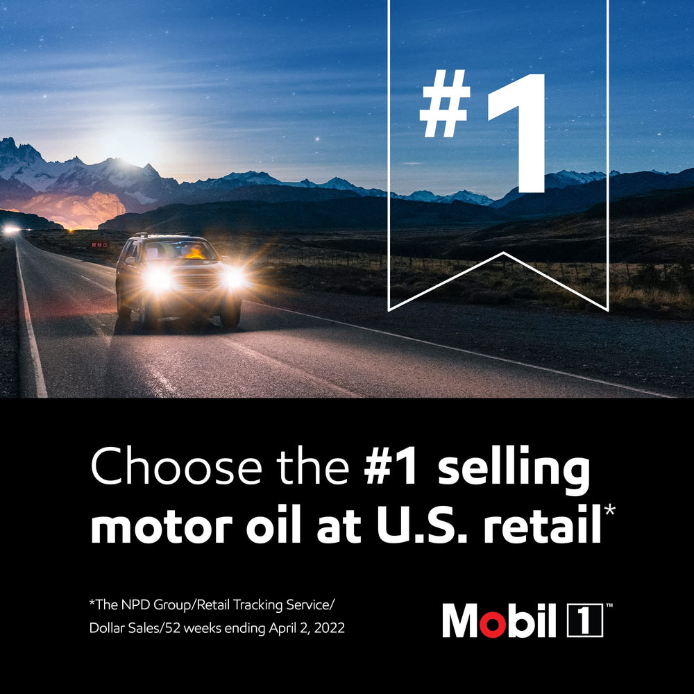 Mobil 1 bottle cap detail highlighting easy pour and spill‑control feature