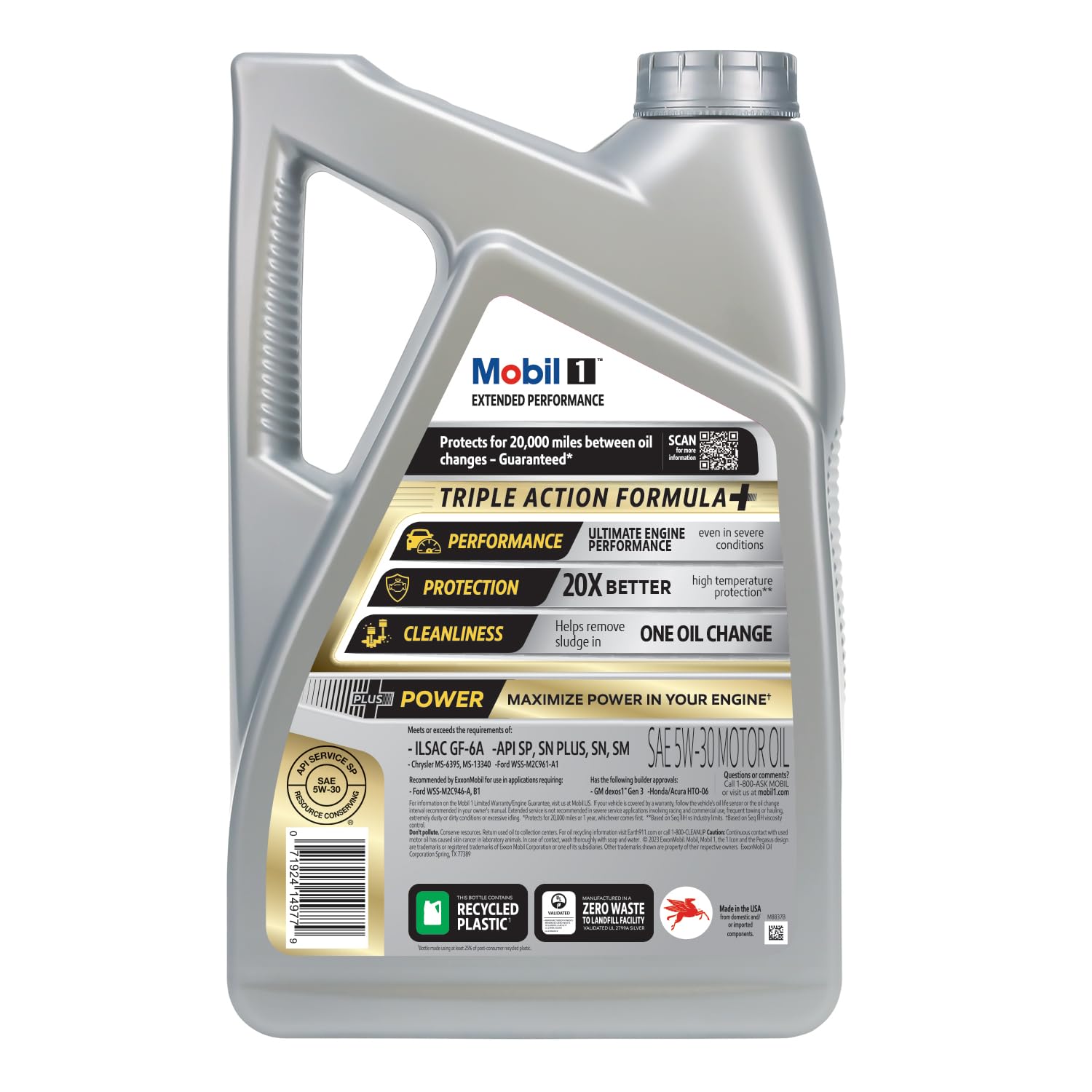 Mobil 1 closeup of cap and handle showing easy pouring and secure seal benefit