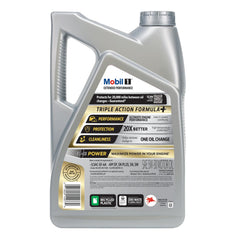 Mobil 1 closeup of cap and handle showing easy pouring and secure seal benefit