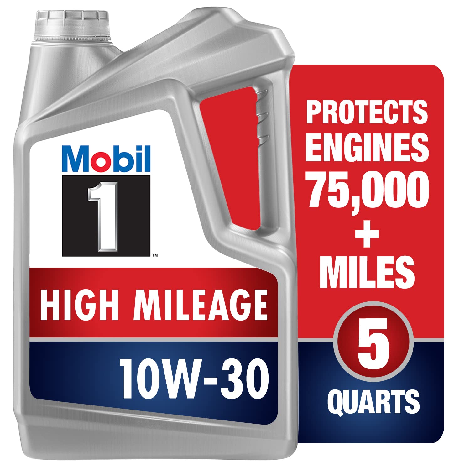 Mobil 1 front label showing product name and 10W-30 benefits