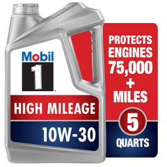 Mobil 1 front label showing product name and 10W-30 benefits