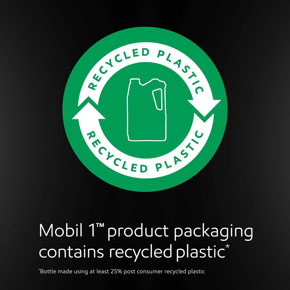 Mobil 1 bottle in garage with SUV showing suitability for everyday vehicle maintenance
