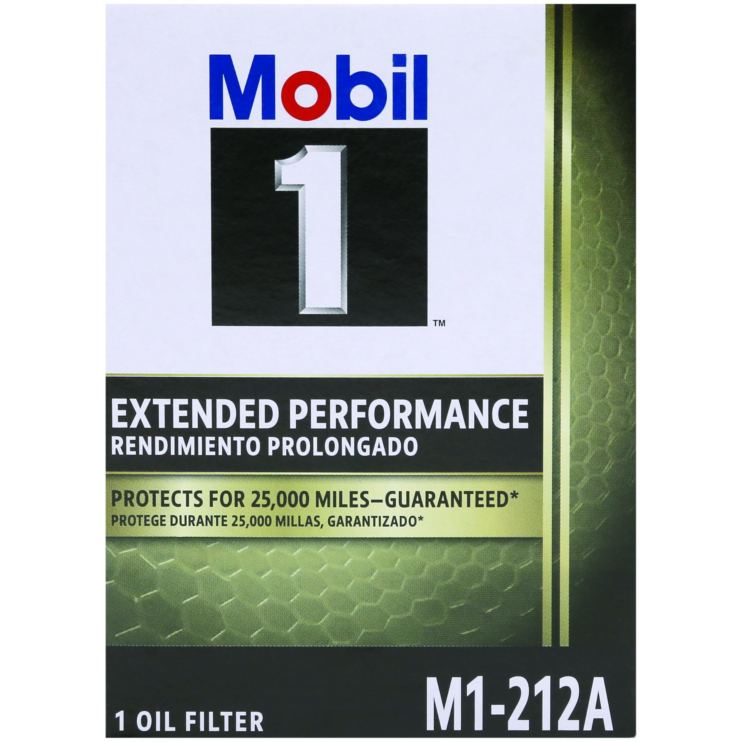 Mobil 1 product label close-up showing part number and specs benefit