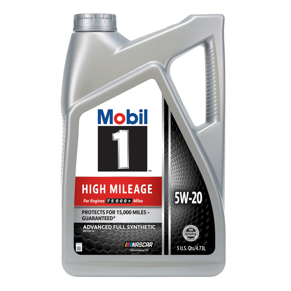 Mobil 1 bottle front label showing product name and key benefits