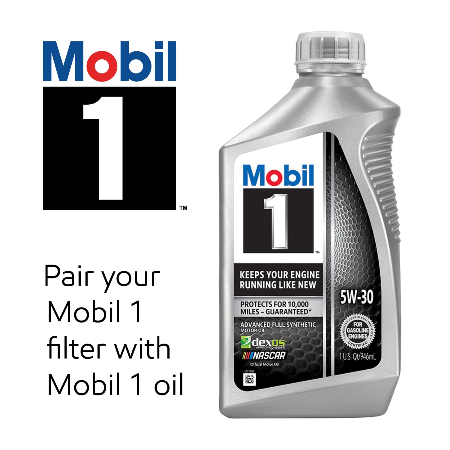 Mobil 1 next to ruler showing compact size and easy handling benefit
