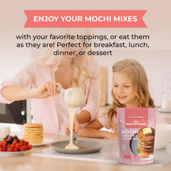 Served mochi pancakes on a breakfast table with fruit, showcasing Mochi Foods versatile enjoyment