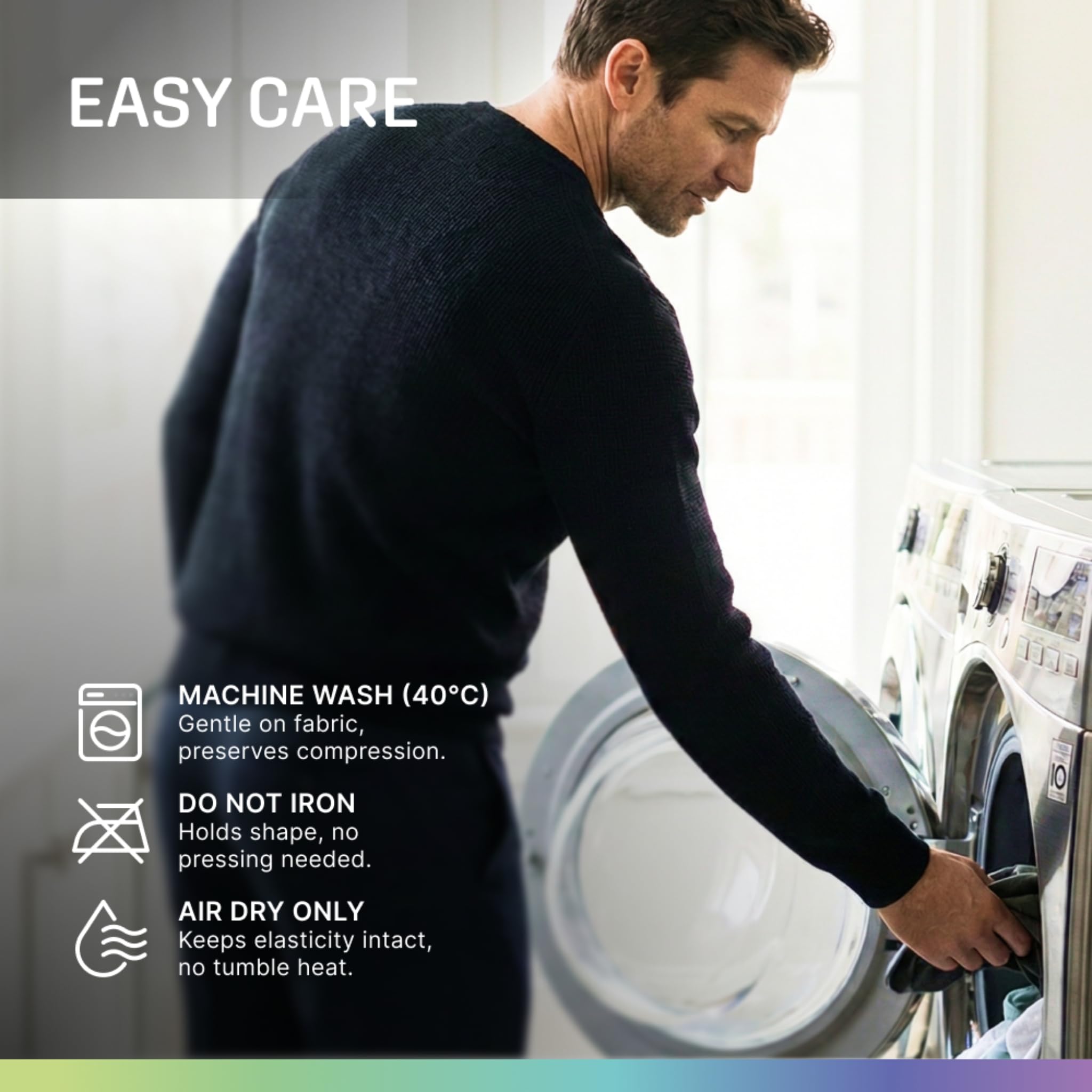 Modvel label and care instructions close-up showing easy maintenance
