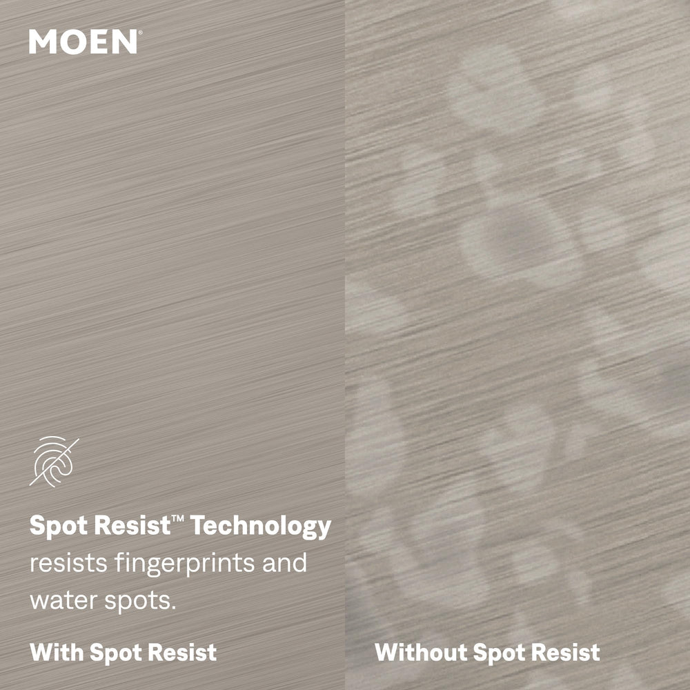 Moen 3942SRS 18-ounce bottle beside a measuring cup showing generous capacity