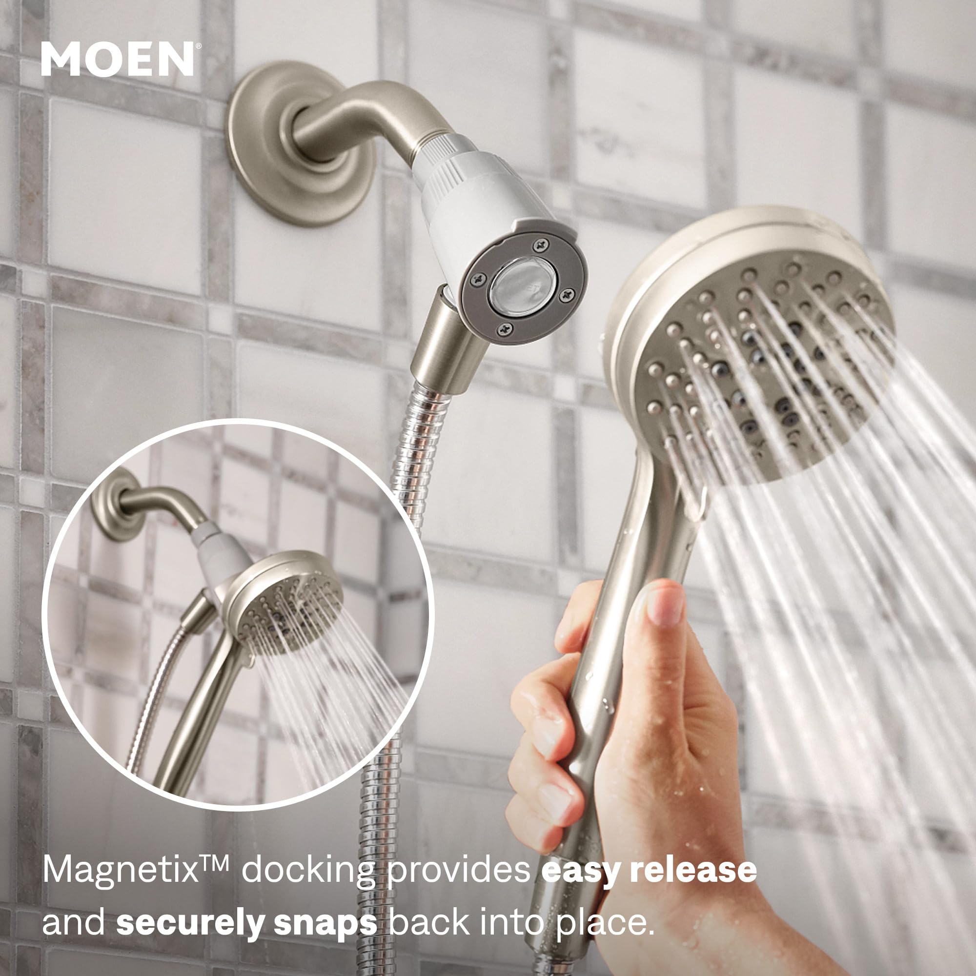 Moen Engage handheld in use rinsing hair for convenient targeted cleaning