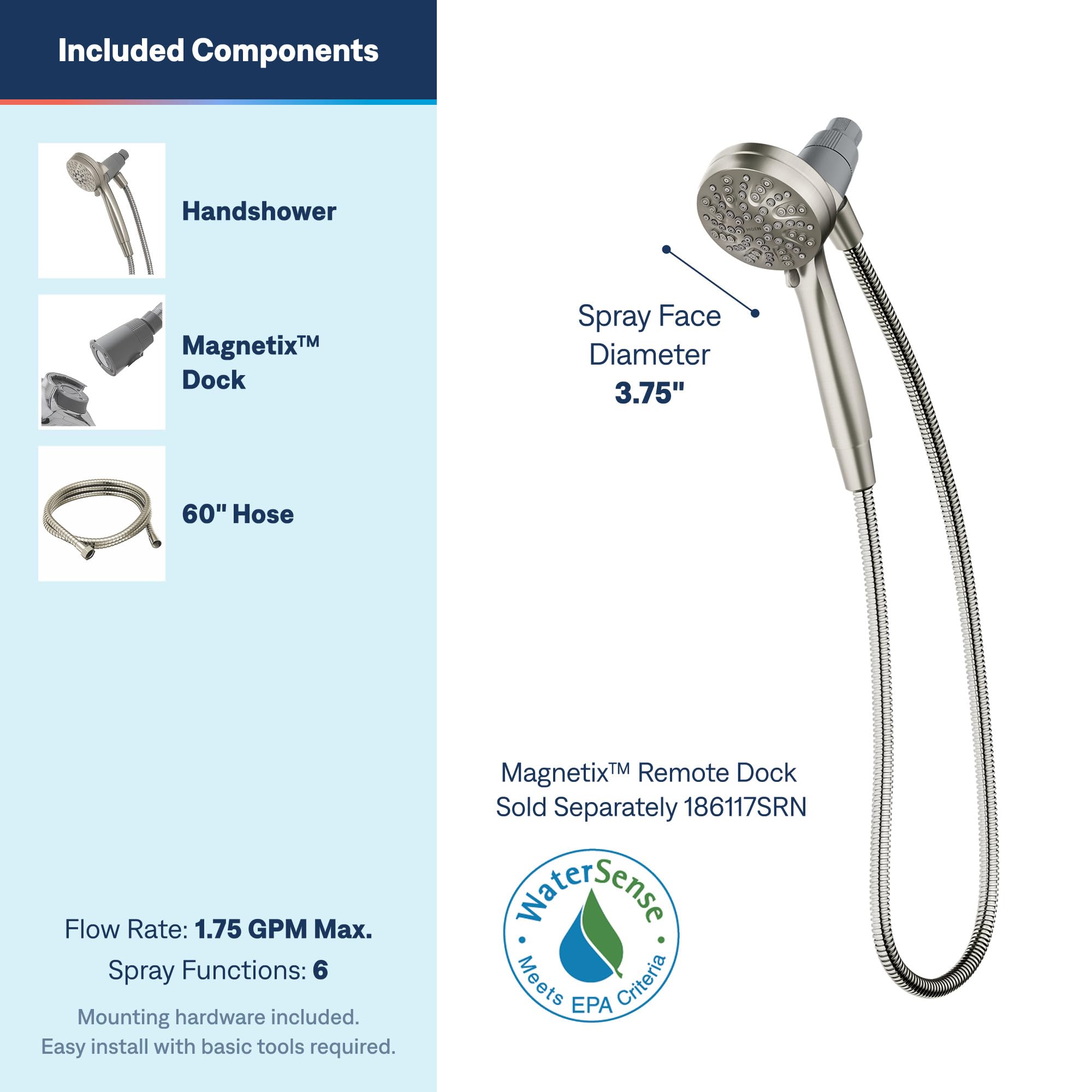 Moen Engage metal hose stretched to show extended reach and durability