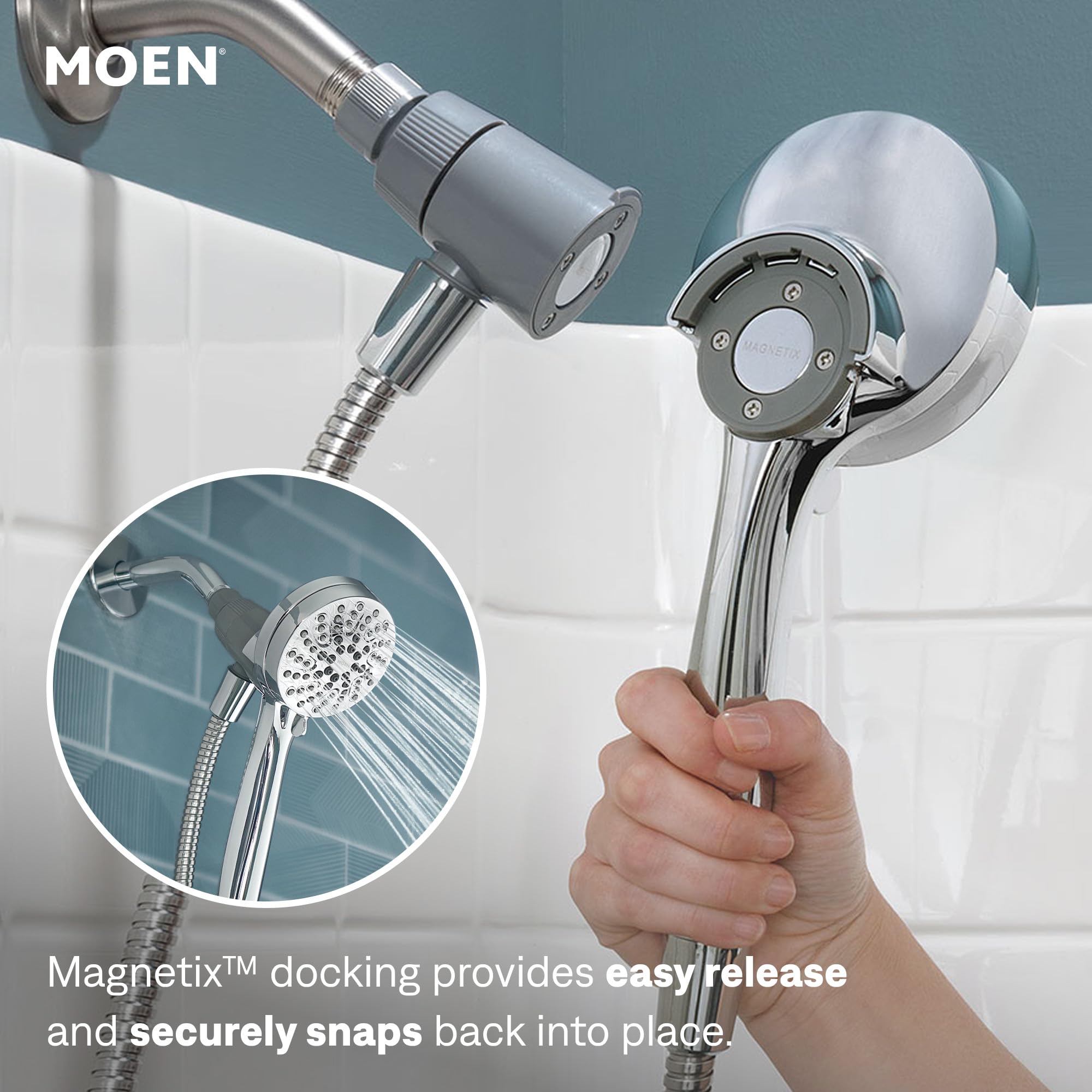 Moen flexible metal hose detail showing tangle-free reach for rinsing tasks